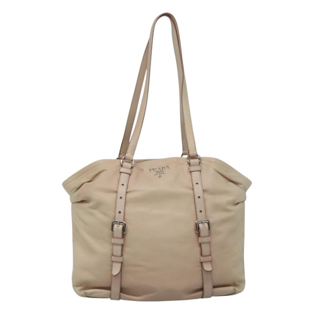 Prada Beige Leather Shoulder Bag with Buckle Strap Detail: Prada Beige Leather Shoulder Bag with Buckle Strap Detail This Prada Buckle Strap Shoulder Bag is crafted from beige leather and features a stylish buckle strap design. Made in Italy, the bag is desig