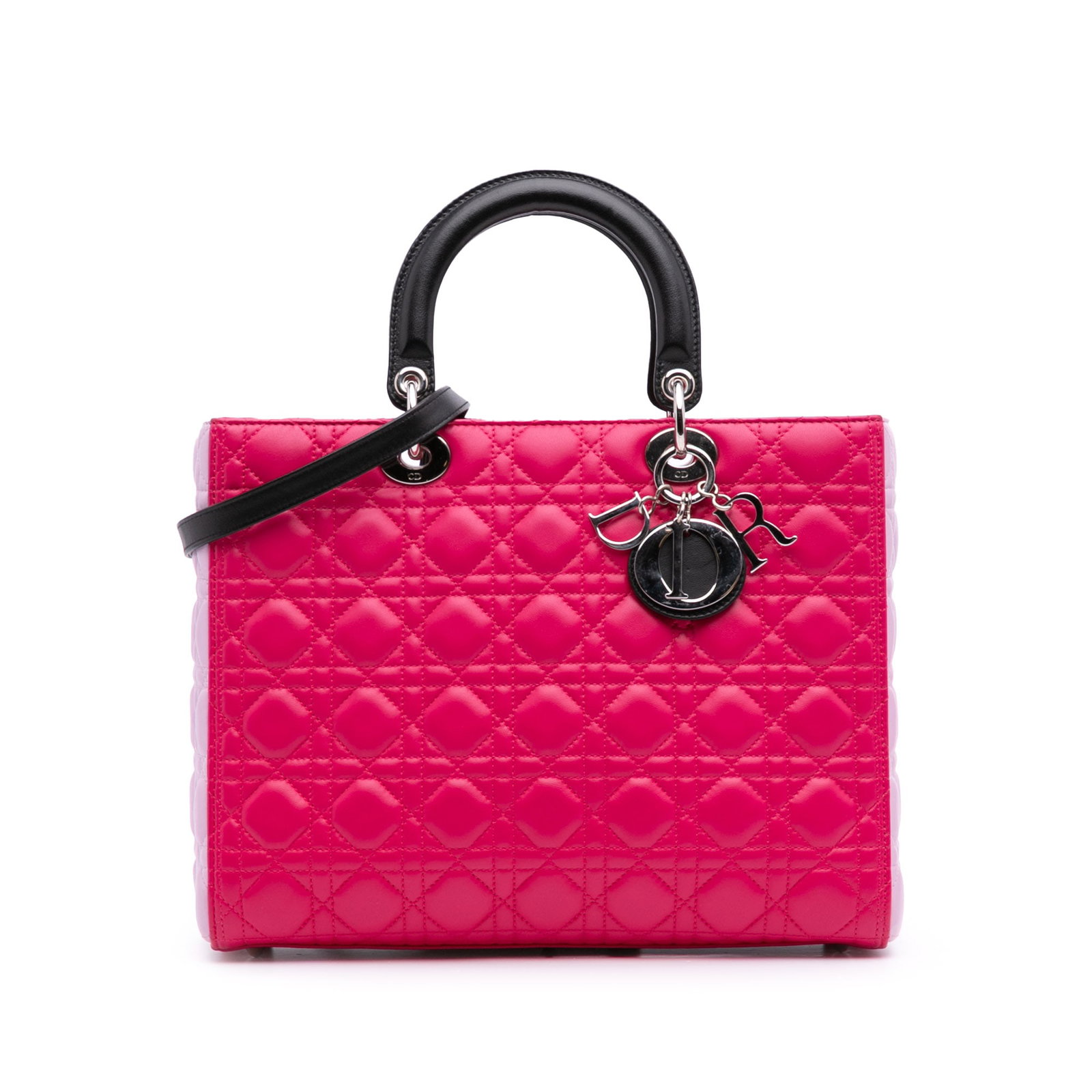 Dior Large Tricolor Lambskin Cannage Lady Dior Bag: Dior Large Tricolor Lambskin Cannage Lady Dior Bag This Large Tricolor Lambskin Cannage Lady Dior bag showcases the iconic quilted lambskin leather design, featuring a structured silhouette with flat 