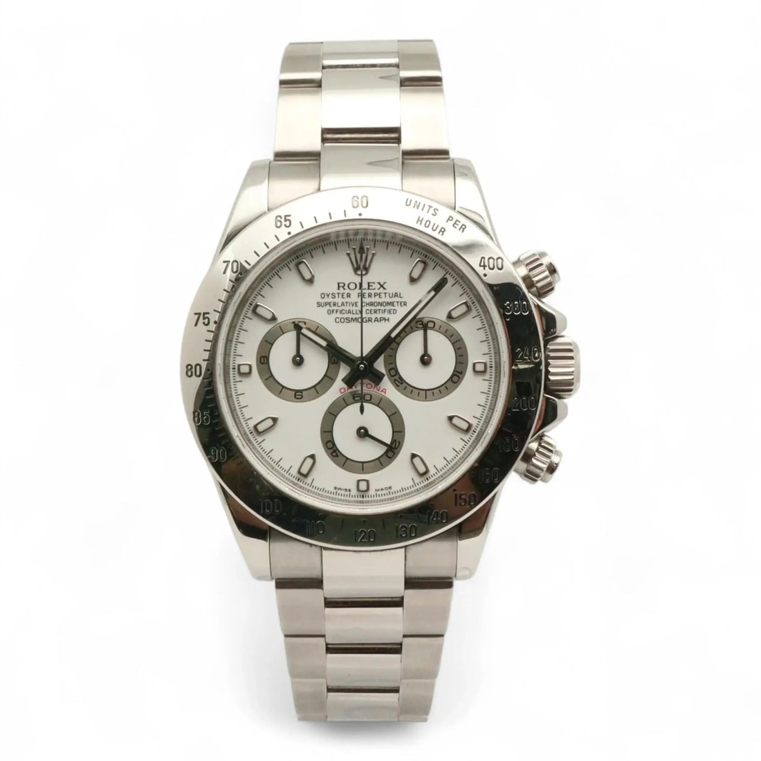 Daytona 40mm Stainless Steel Automatic Watch With White Dial For Men: Daytona 40mm Stainless Steel Automatic Watch With White Dial For Men This Rolex Cosmograph Daytona is a 40mm men's wristwatch featuring a white dial and automatic movement with 44 jewels. Crafted in S