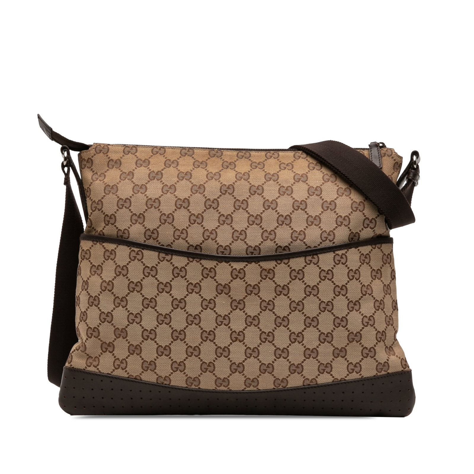 GG Canvas Perforated Beige Crossbody Bag with Leather Trim by Gucci: GG Canvas Perforated Beige Crossbody Bag with Leather Trim by Gucci This Gucci GG Canvas Perforated Crossbody bag features a canvas body with leather trim, an adjustable flat strap, a top zip closure,