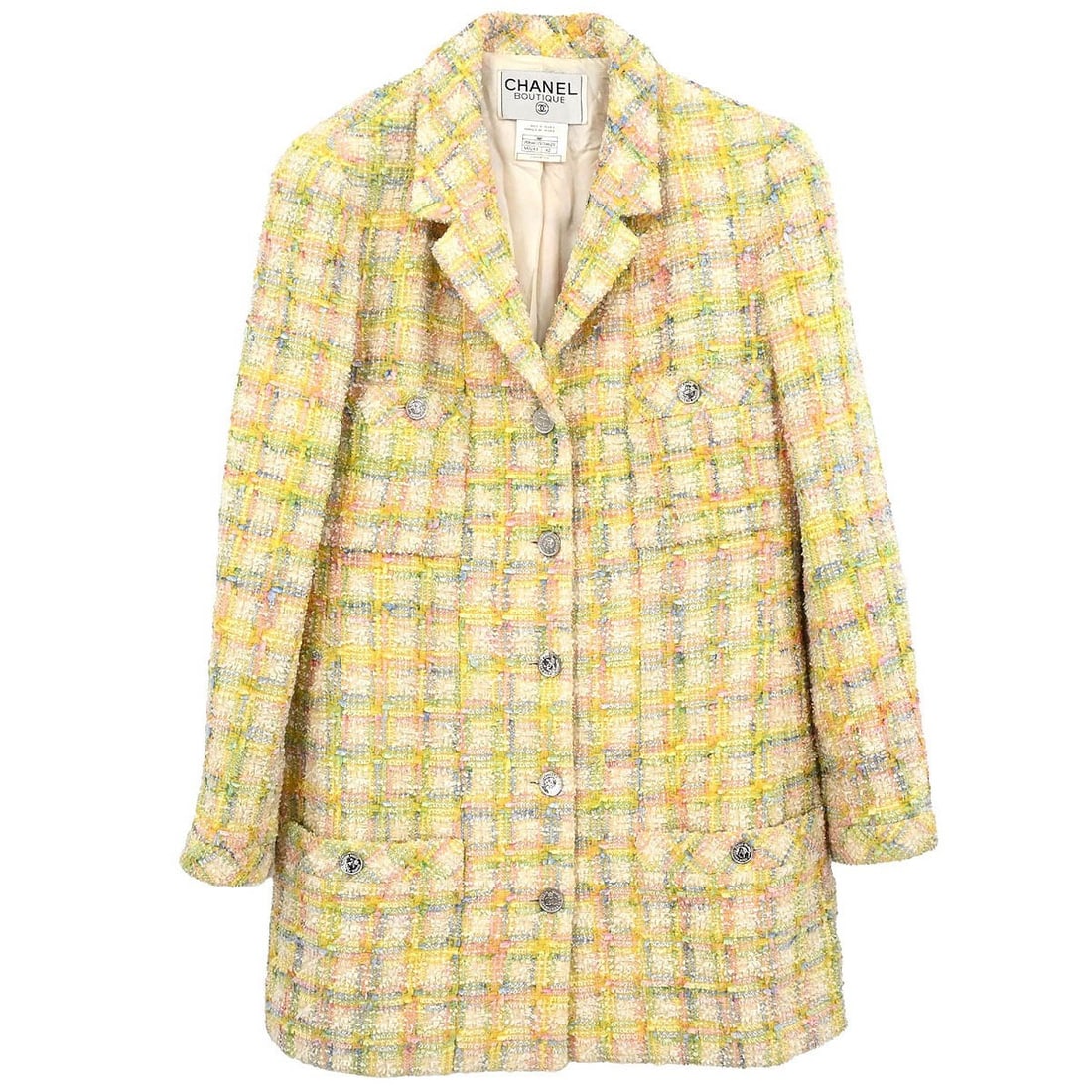 Yellow Mid-Length Tweed Parka Coat by Chanel Size FR 42: Yellow Mid-Length Tweed Parka Coat by Chanel Size FR 42 This vintage Chanel mid-length coat features a yellow tweed design crafted from a blend of 50% nylon and 50% wool. Designed for women, it has a 