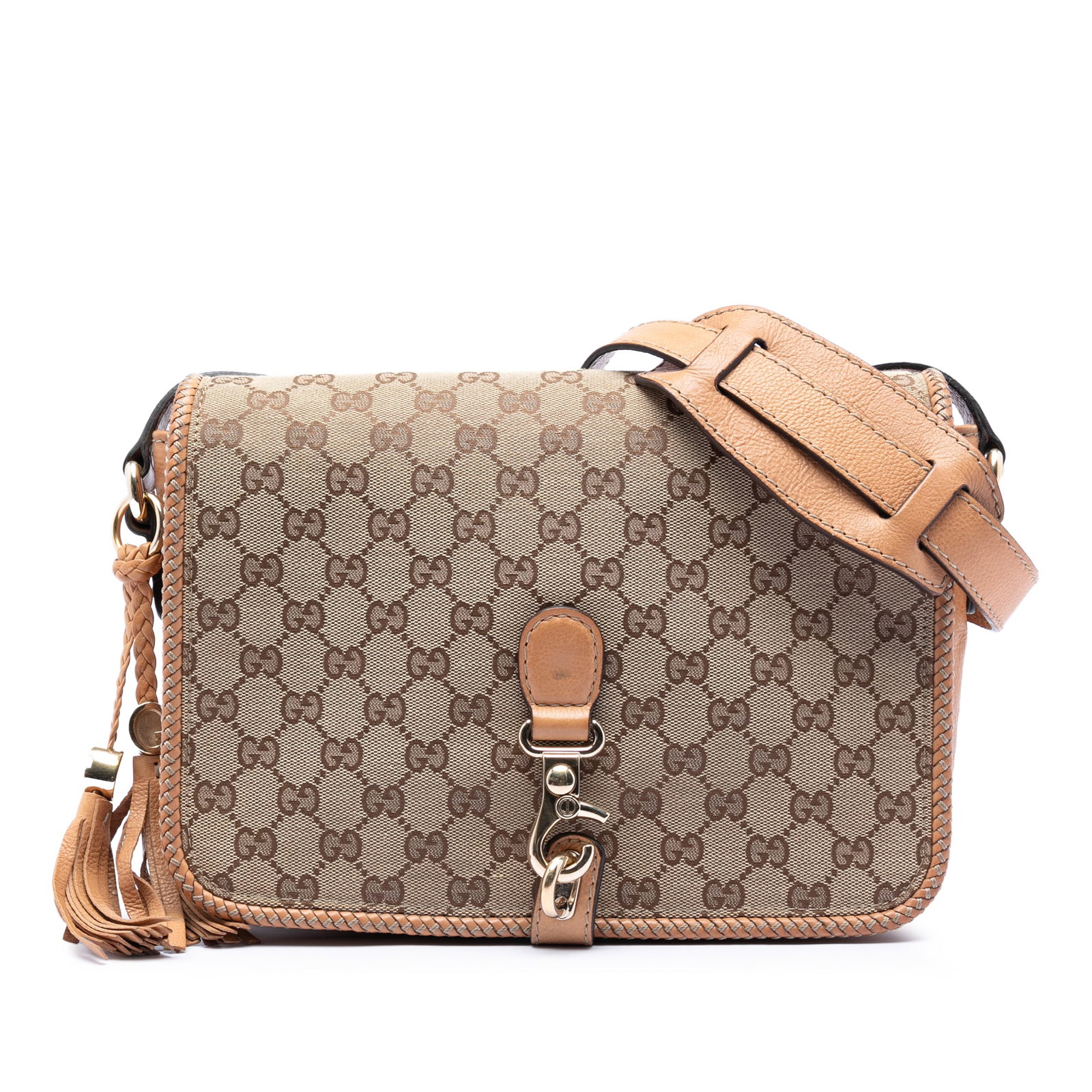 Gucci GG Canvas Marrakech Beige Crossbody Bag with Leather Trim: Gucci GG Canvas Marrakech Beige Crossbody Bag with Leather Trim This Gucci GG Canvas Marrakech Crossbody bag features a durable canvas body accented with leather trim. It is designed with an adjustabl