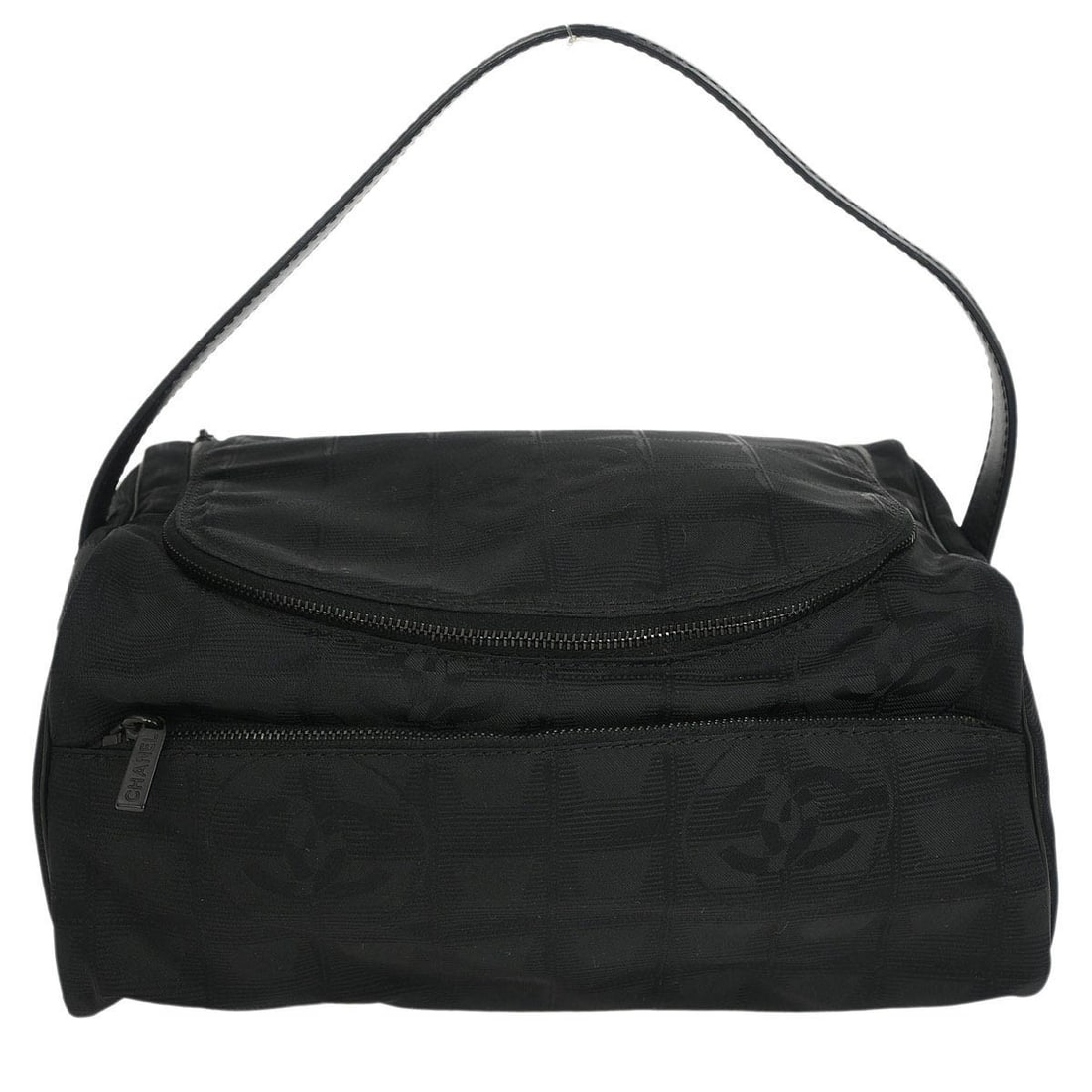 Chanel Black Jacquard Nylon Travel Vanity Handbag with Logo: Chanel Black Jacquard Nylon Travel Vanity Handbag with Logo Explore the elegance of the Chanel Black Jacquard Nylon Travel Line Vanity Handbag, a perfect blend of style and functionality. Crafted from
