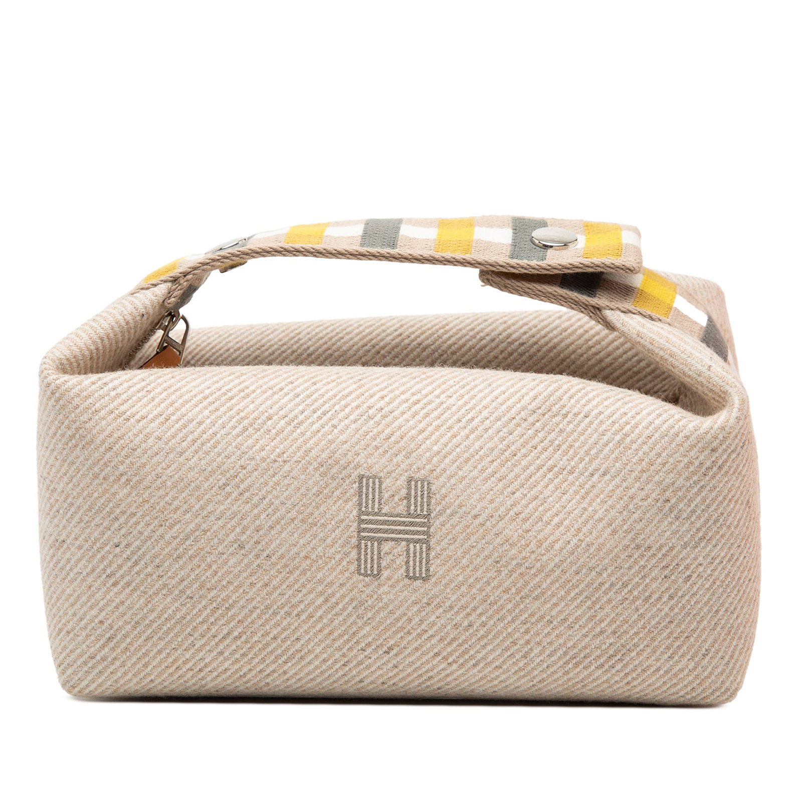 Hermes Bride-a-Brac Small Wool Bicolor Case with Top Zip and Handle: Hermes Bride-a-Brac Small Wool Bicolor Case with Top Zip and Handle This Hermes Small Wool Bride-a-Brac Au Carre Case features a bicolor wool body, a flat handle, a top zip closure, and interior slip 