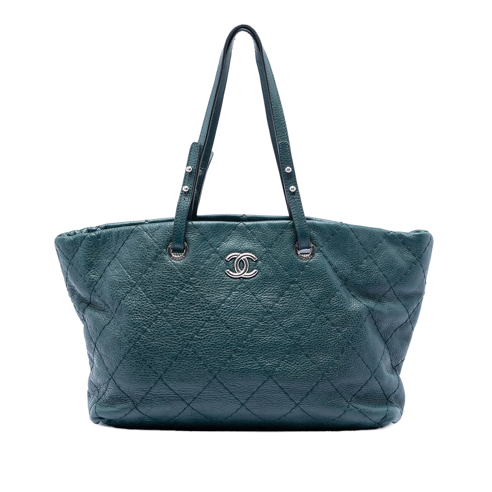 Chanel On The Road Large Green Glazed Leather Tote Bag: Chanel On The Road Large Green Glazed Leather Tote Bag The Chanel Large Glazed Calfskin On The Road Tote is crafted from green glazed leather and features flat leather straps, an open top, an interior