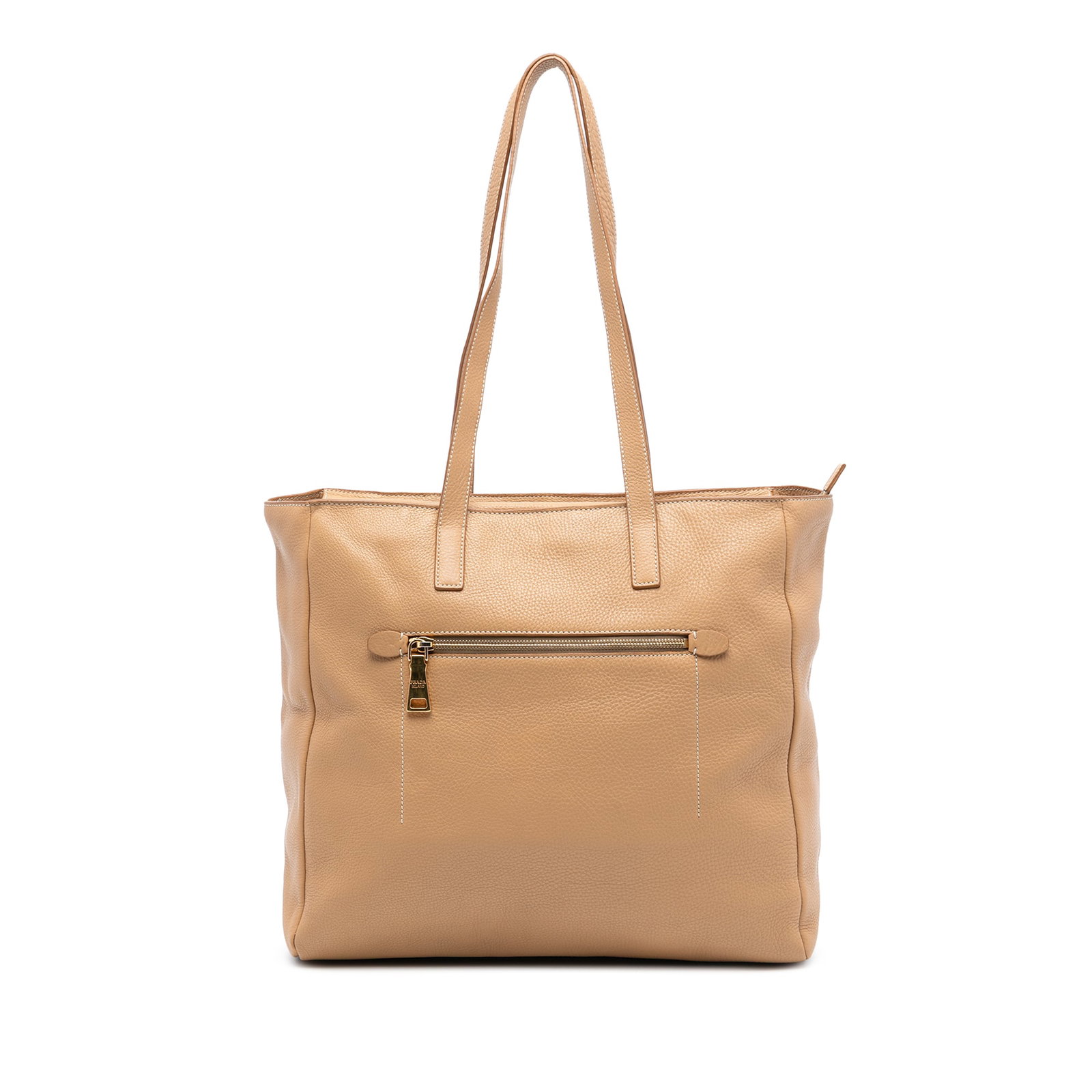 Prada Vitello Daino Brown Leather Tote Bag with Zip Pockets: Prada Vitello Daino Brown Leather Tote Bag with Zip Pockets This Prada Vitello Daino Tote features a brown leather body with flat leather handles, a top zip closure, an exterior zip pocket, and interi