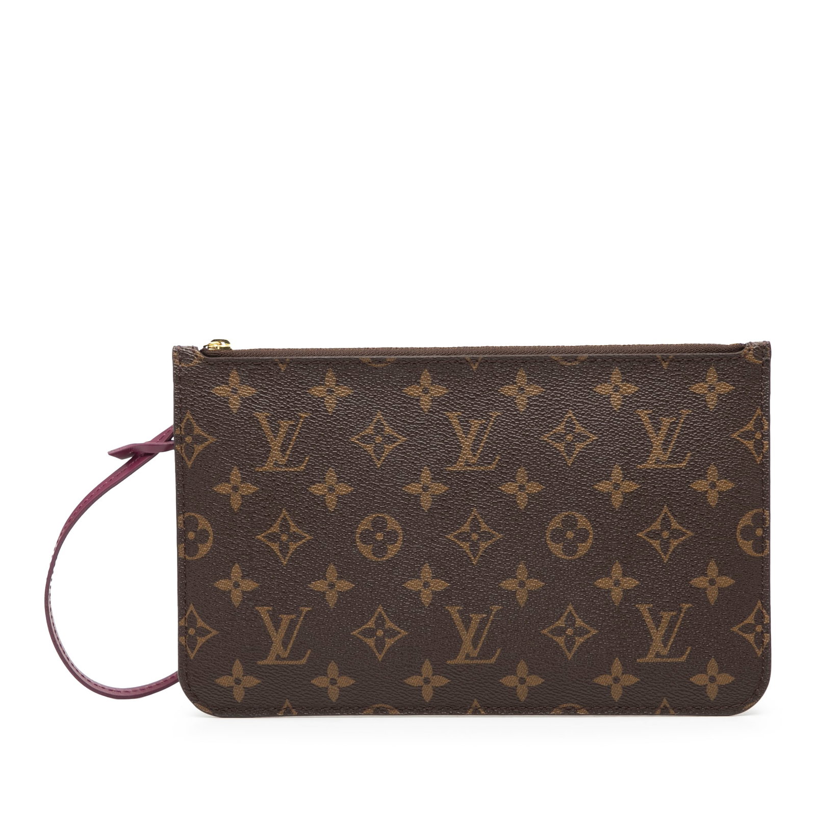 Louis Vuitton Neverfull MM Monogram Canvas Clutch with Wrist Strap: Louis Vuitton Neverfull MM Monogram Canvas Clutch with Wrist Strap This Louis Vuitton Monogram Neverfull Pouch MM showcases the iconic monogram canvas with a brown colorway and features a detachable f