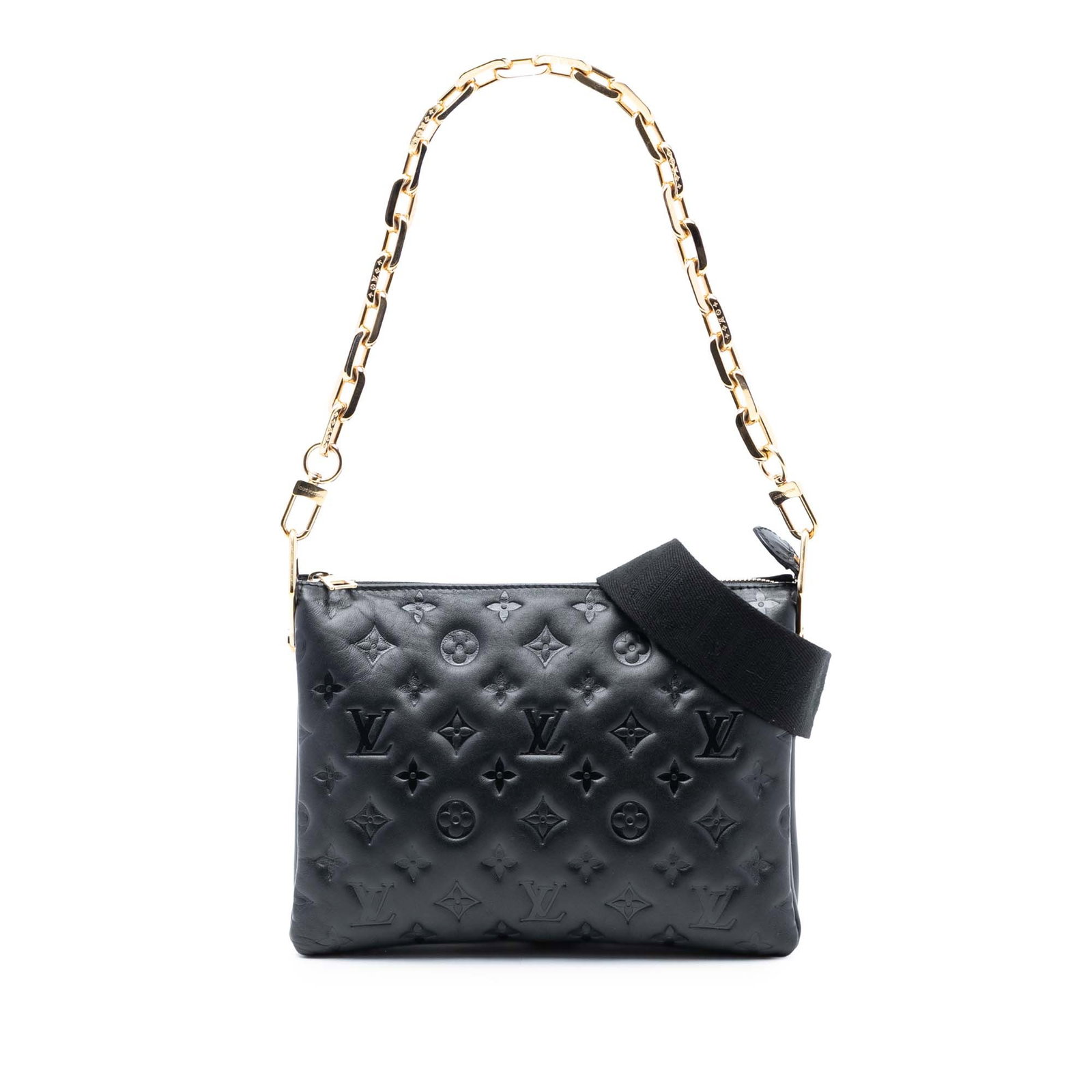 Louis Vuitton Coussin PM Black Lambskin Shoulder Bag with Chain and Strap: Louis Vuitton Coussin PM Black Lambskin Shoulder Bag with Chain and Strap This Louis Vuitton Coussin PM features a black embossed puffy lambskin leather exterior, accented with a gold-tone chain handl