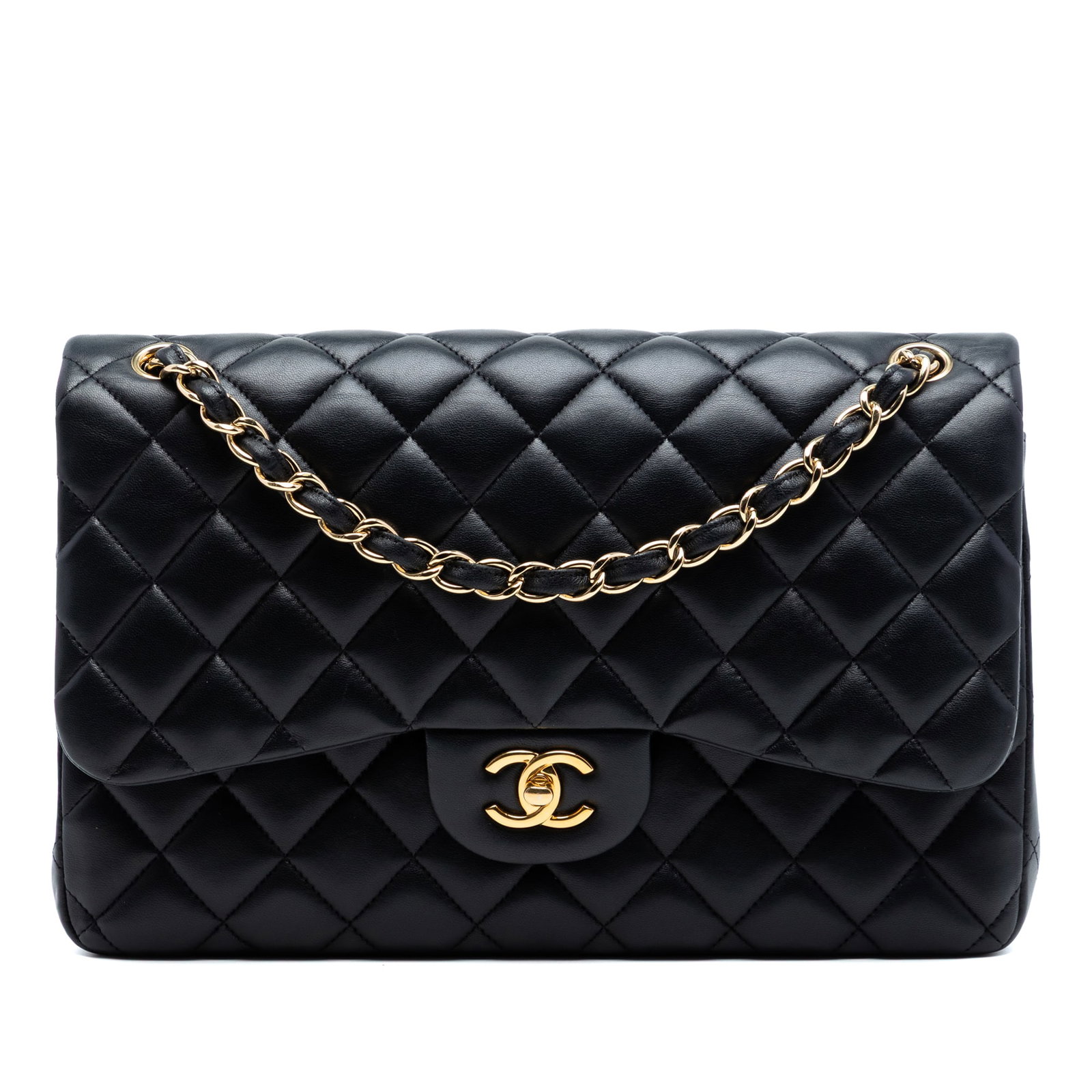 Chanel Black Lambskin Jumbo Double Flap Shoulder Bag with Quilted Leather: Chanel Black Lambskin Jumbo Double Flap Shoulder Bag with Quilted Leather This Chanel Jumbo Classic Lambskin Double Flap shoulder bag features a quilted lambskin leather body with leather-woven chain 