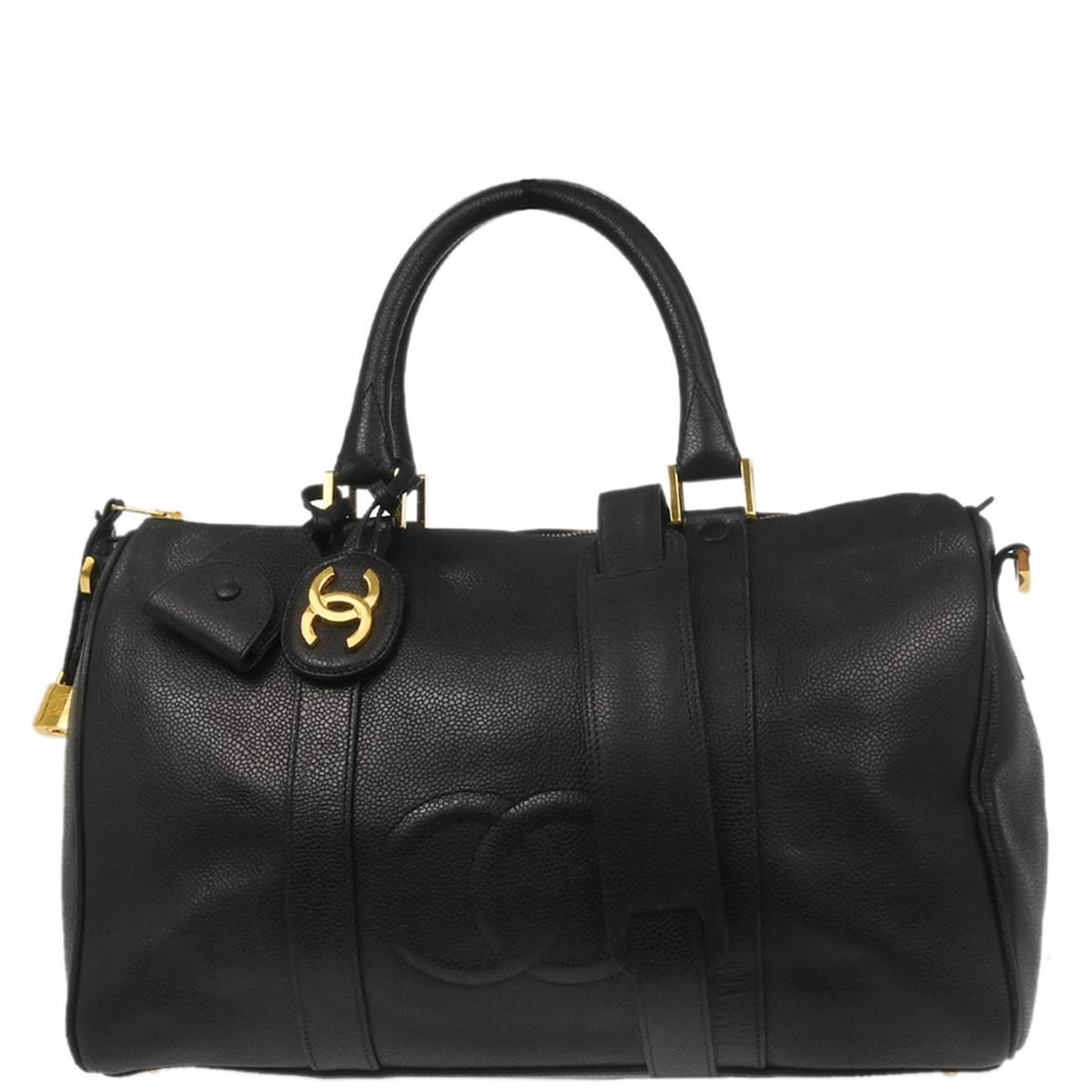 Chanel Vintage Black Leather Medium Duffle Bag with Gold Hardware: Chanel Vintage Black Leather Medium Duffle Bag with Gold Hardware This Chanel duffle handbag is crafted from black calfskin leather and features a medium-sized silhouette with double handles and a zip