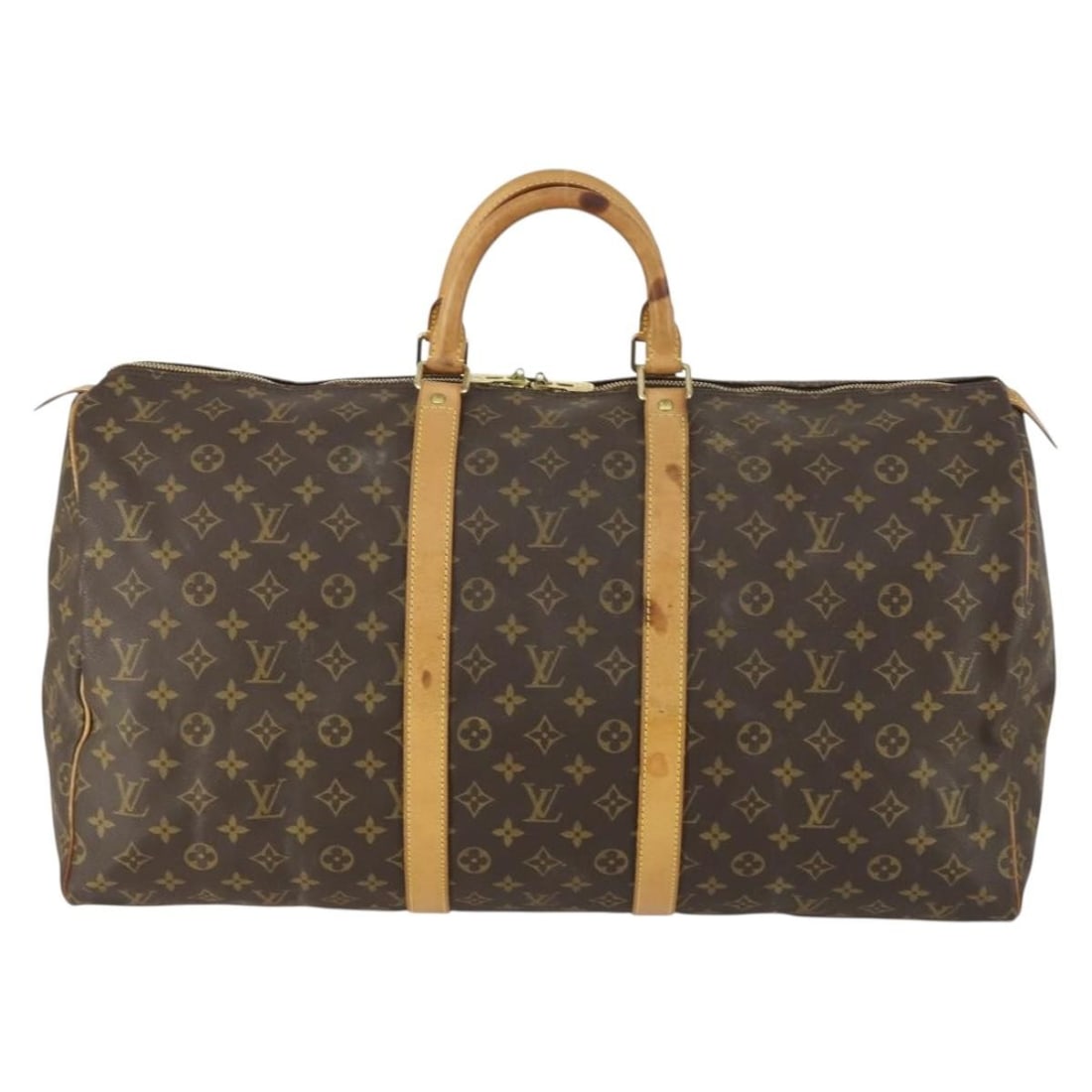 Monogram Canvas Louis Vuitton Keepall Duffle Bag 55cm: Monogram Canvas Louis Vuitton Keepall Duffle Bag 55cm This Louis Vuitton Keepall Bag is crafted from brown monogram canvas and designed for unisex use. The bag features leather handles and metal fitti