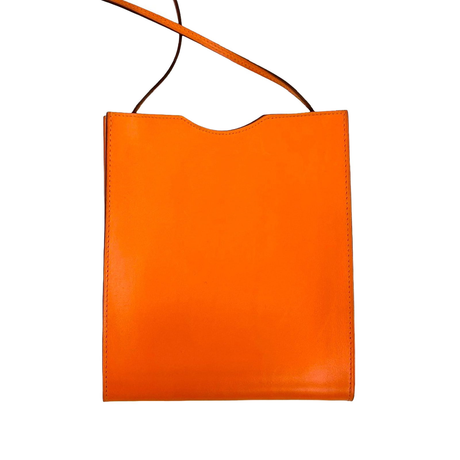 Hermes Onimaitou Orange Leather Box Calf Pochette Crossbody Bag: Hermes Onimaitou Orange Leather Box Calf Pochette Crossbody Bag The Hermes Box Calf Onimaitou Pochette features an orange leather body, a flat leather strap, and an open top design. The bag shows sign