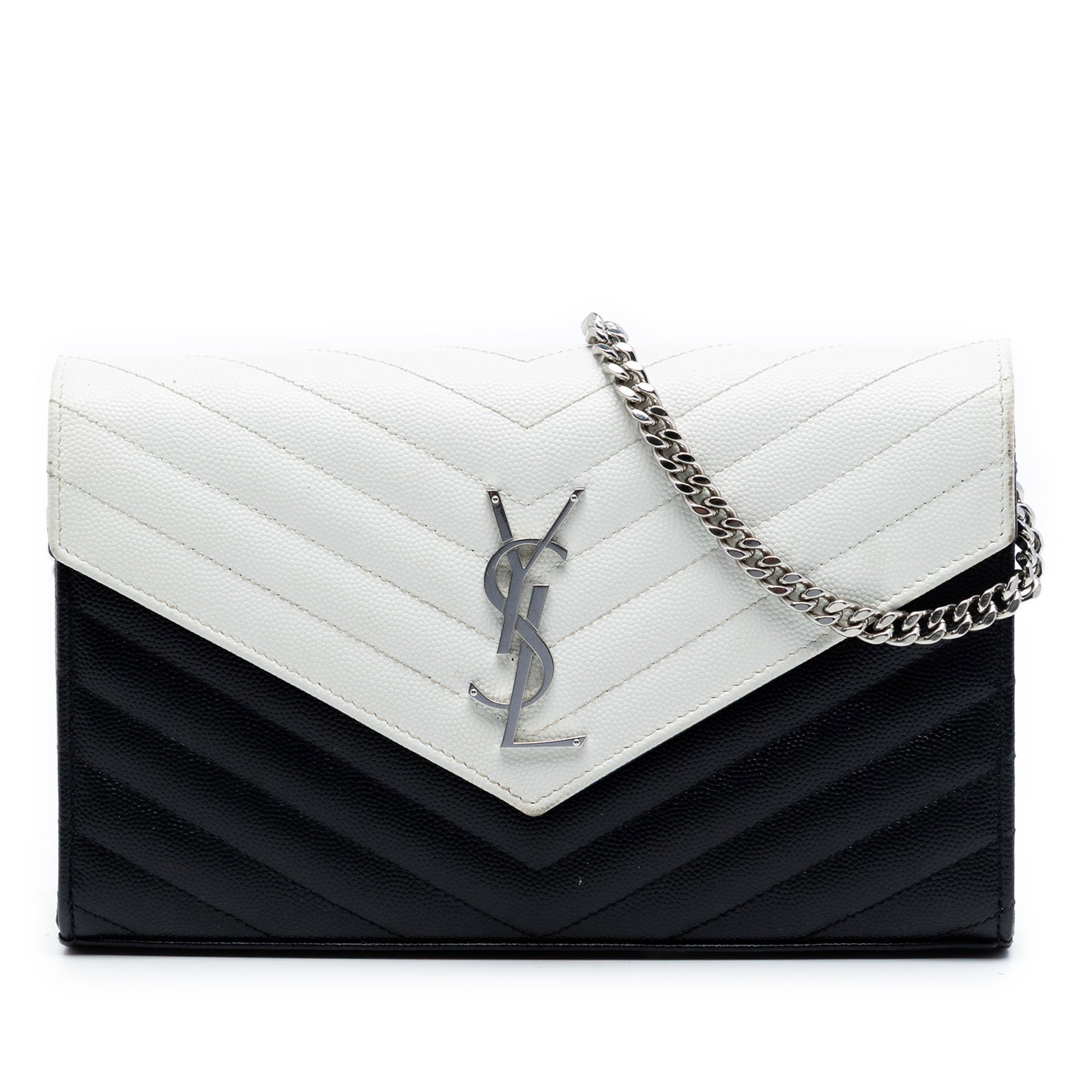 Leather Envelope Chain Wallet by Saint Laurent Bicolor Grain De Poudre Chevron: Leather Envelope Chain Wallet by Saint Laurent Bicolor Grain De Poudre Chevron This Saint Laurent Bicolor Grain De Poudre Chevron Monogram Envelope Chain Wallet features a distinctive chevron-quilted 