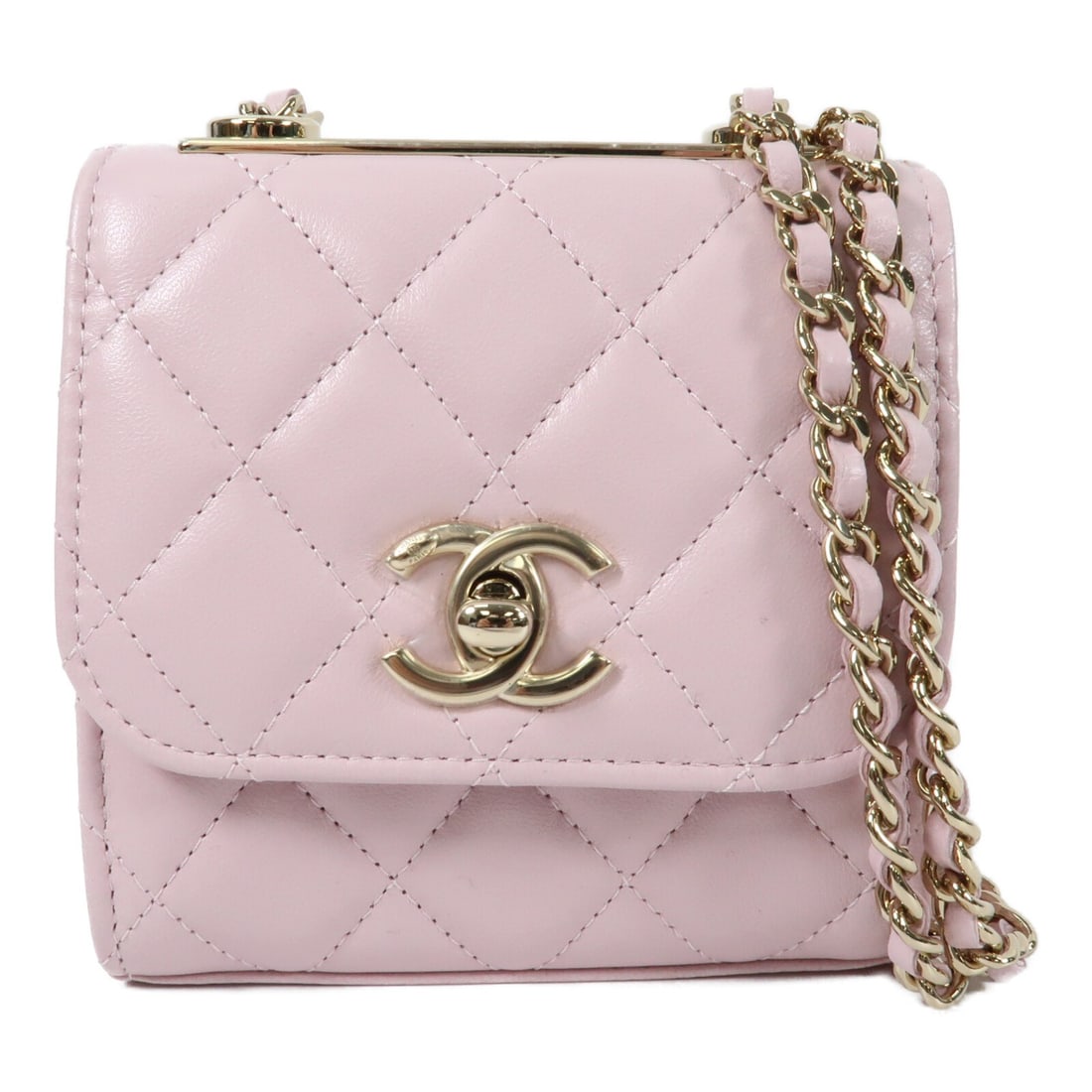 Chanel Trendy CC Mini Pink Lambskin Shoulder Bag with Gold Hardware: Chanel Trendy CC Mini Pink Lambskin Shoulder Bag with Gold Hardware This CHANEL Trendy CC Mini Bag features a pink lambskin leather exterior and a classic chain shoulder strap. The compact design incl