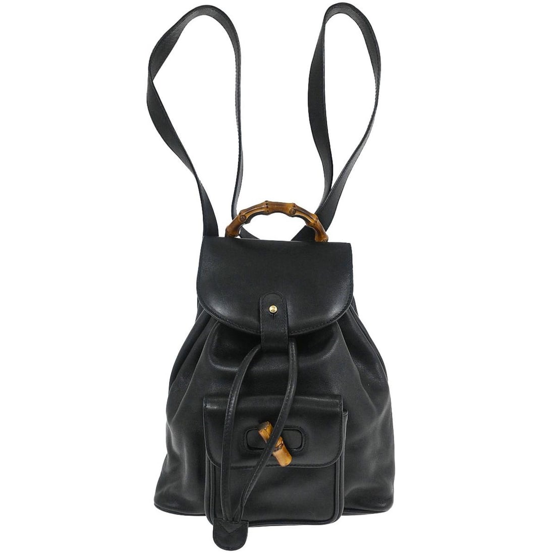 Gucci Bamboo Small Black Leather Backpack with Top Handle 003.3444.0030: Gucci Bamboo Small Black Leather Backpack with Top Handle 003.3444.0030 This Gucci black leather backpack features bamboo accents and a top handle, complemented by an adjustable strap for versatile ca