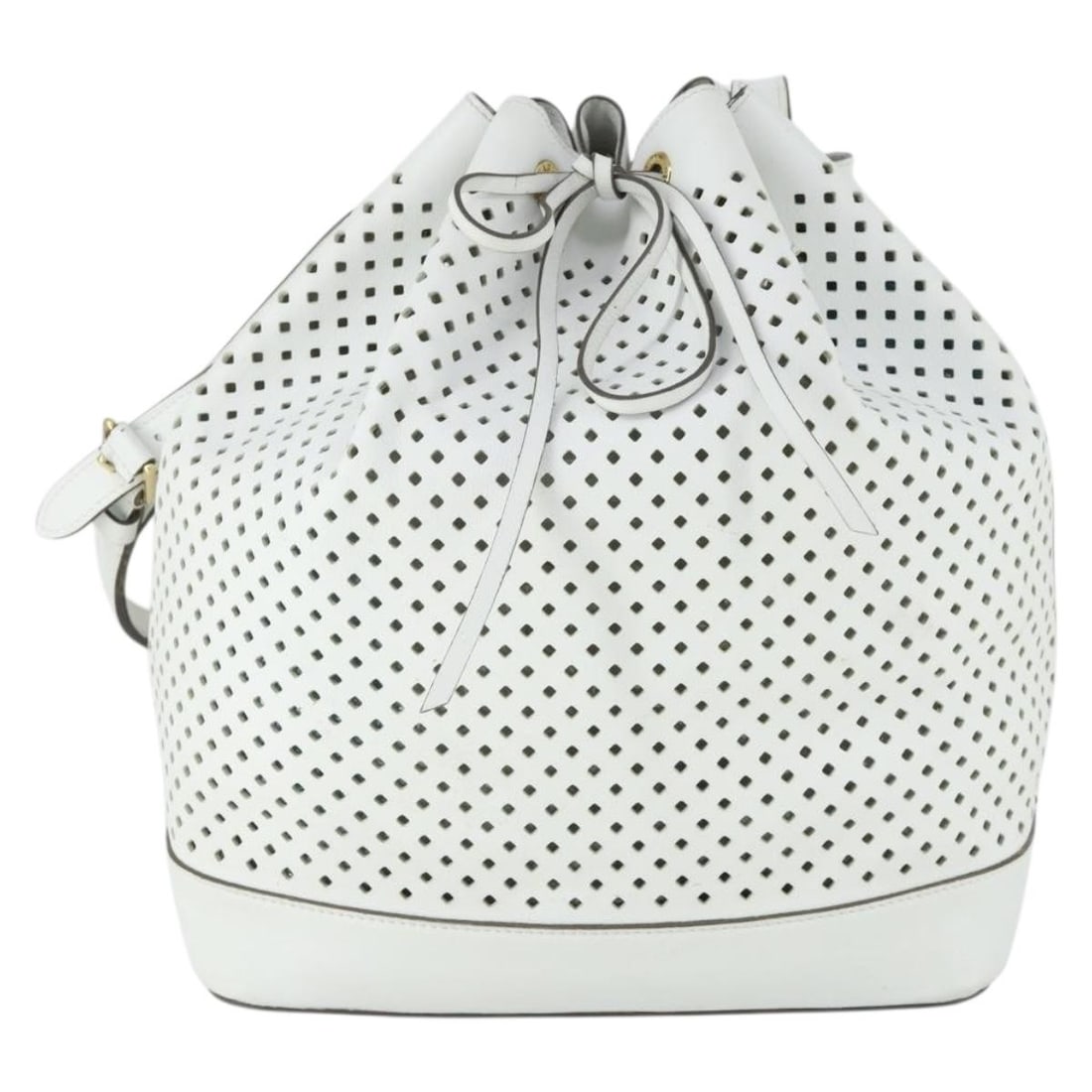 White Flore Noe Tote in Perforated Leather by Louis Vuitton: White Flore Noe Tote in Perforated Leather by Louis Vuitton The Louis Vuitton Flore Noe Handbag is crafted from perforated white leather and designed for women. This stylish accessory features a spaci