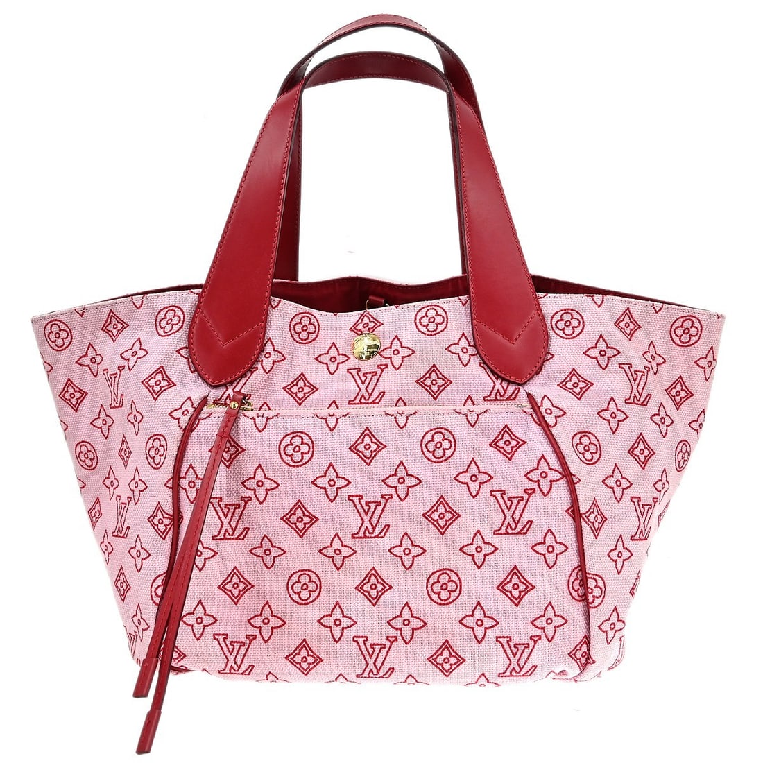 Louis Vuitton Panema PM Beach Line Canvas Tote Bag Pink Medium: Louis Vuitton Panema PM Beach Line Canvas Tote Bag Pink Medium This Louis Vuitton Beach Line Cabay Panema PM handbag features a pink canvas exterior with logo accents and double leather handles in red