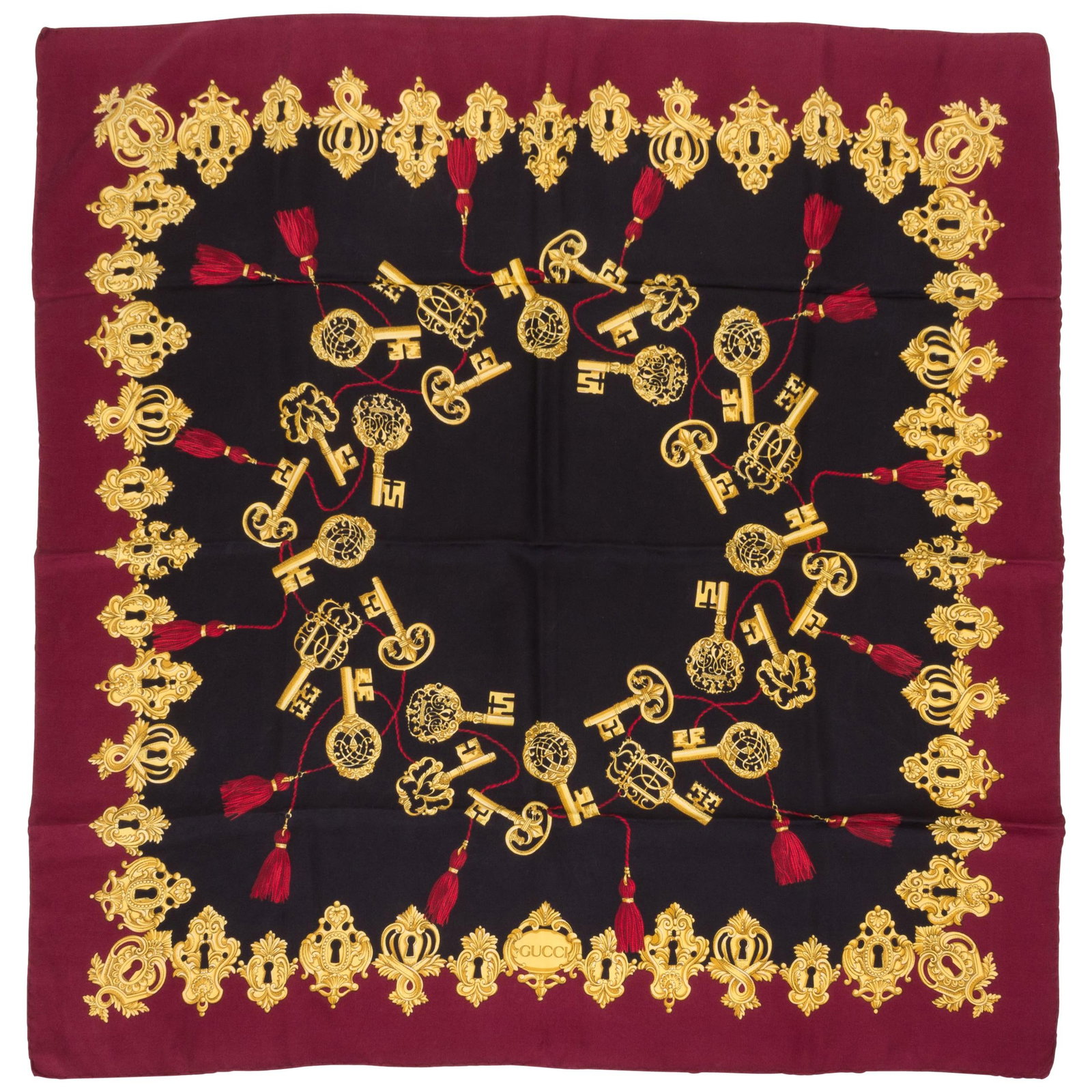 Gucci Burgundy Silk Twill Key Scarf 35 in Italy: Gucci Burgundy Silk Twill Key Scarf 35 in Italy Elevate your accessory collection with this stunning Gucci Burgundy Silk Twill Key Scarf. Crafted from luxurious silk twill, this scarf features an eleg