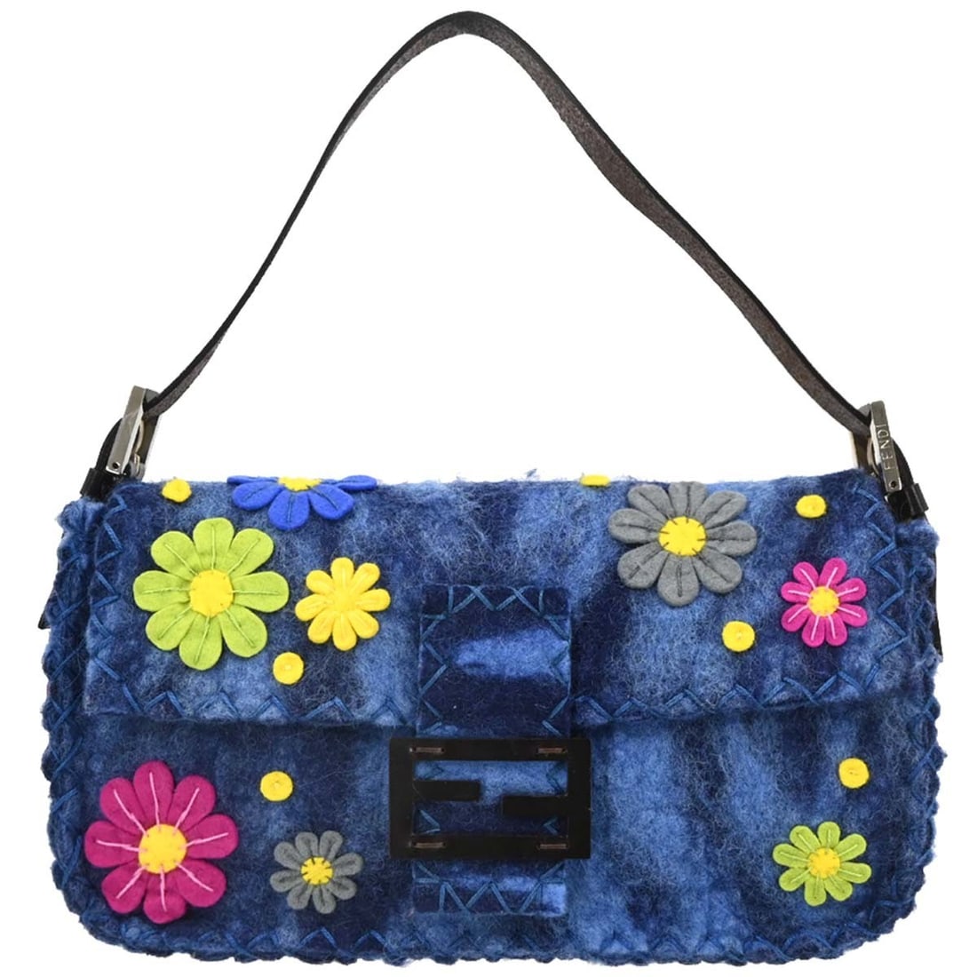 Fendi Blue Felt Baguette Handbag 3686/26424/099 with Adjustable Strap: Fendi Blue Felt Baguette Handbag 3686/26424/099 with Adjustable Strap Introducing the Fendi Blue Felt Patchwork Baguette Handbag, a stylish accessory for casual occasions. This medium-sized handbag fe