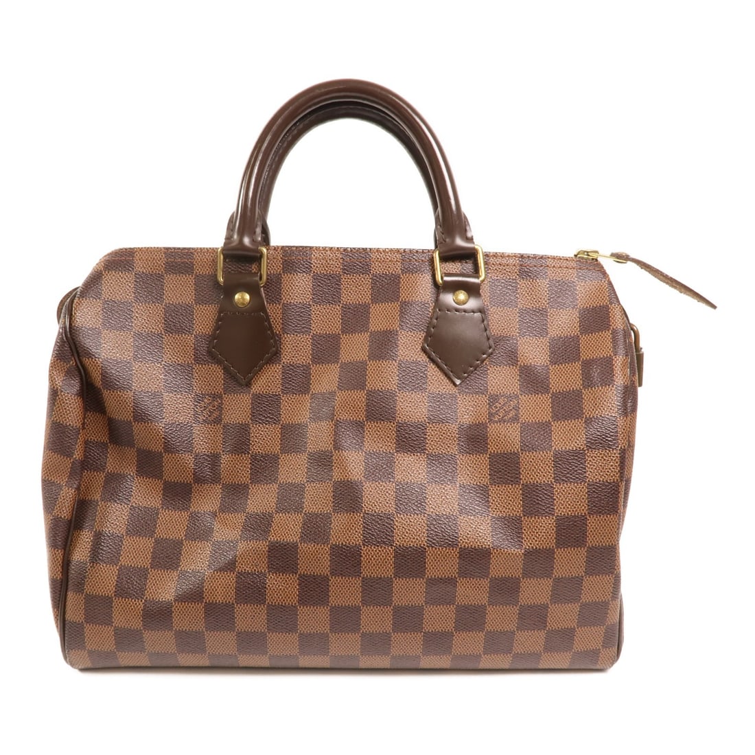 Louis Vuitton Damier Ebene Speedy 30 Brown Canvas Handbag with Gold Hardware: Louis Vuitton Damier Ebene Speedy 30 Brown Canvas Handbag with Gold Hardware This Louis Vuitton Speedy Hand 30 bag features the iconic Damier Ebene brown PVC coated canvas exterior. It has a classic h