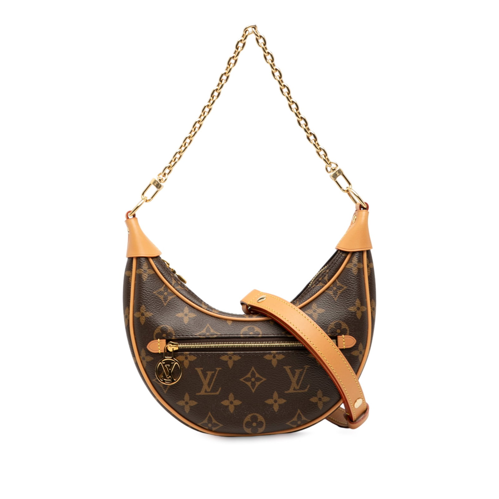 Louis Vuitton Monogram Loop Bag with Leather Trim and Chain Strap: Louis Vuitton Monogram Loop Bag with Leather Trim and Chain Strap The Louis Vuitton Monogram Loop is a stylish bag crafted from iconic monogram canvas, complemented by vachetta leather trim. This vers
