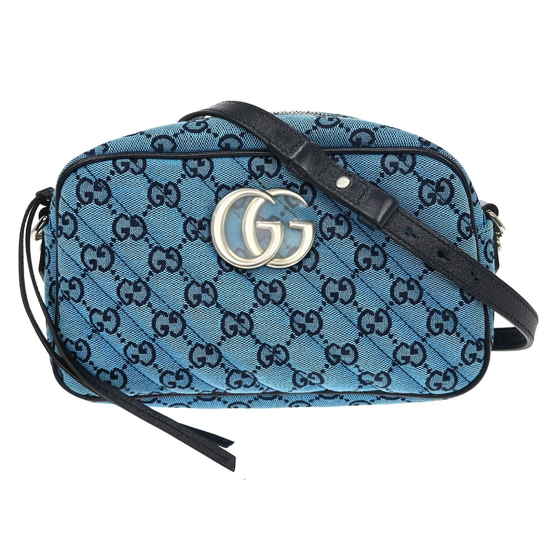 Blue GG Marmont Small Shoulder Camera Bag by Gucci: Blue GG Marmont Small Shoulder Camera Bag by Gucci This Gucci GG Marmont shoulder camera bag features a blue canvas and leather exterior with the iconic Gucci GG pattern. Designed in a small size, it 