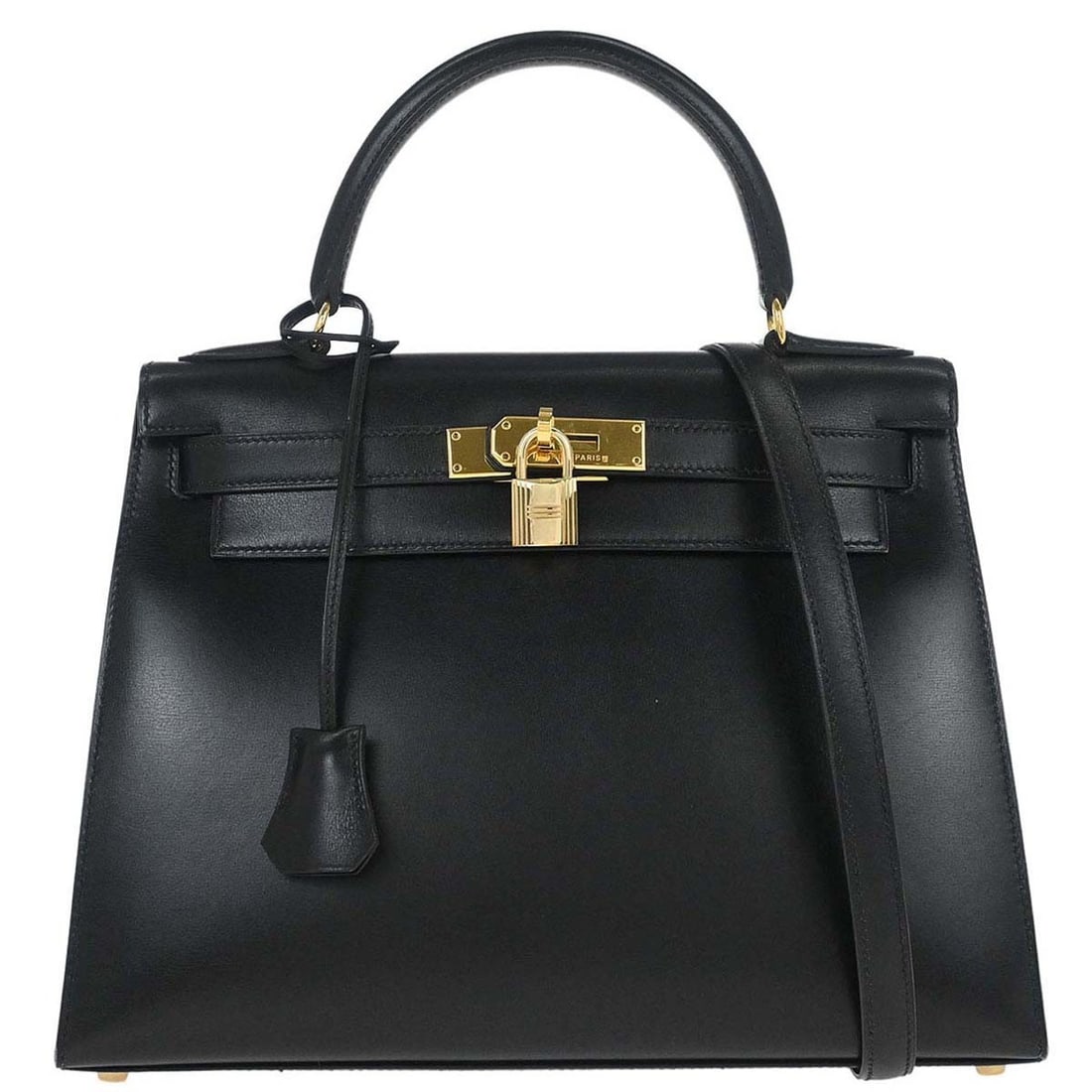 Black Box Calf Kelly 29 Leather Bag with Gold Hardware by Hermes: Black Box Calf Kelly 29 Leather Bag with Gold Hardware by Hermes This Hermes Kelly Handbag features black Box Calf leather complemented by gold hardware. Designed for women, the bag measures 29cm by 2