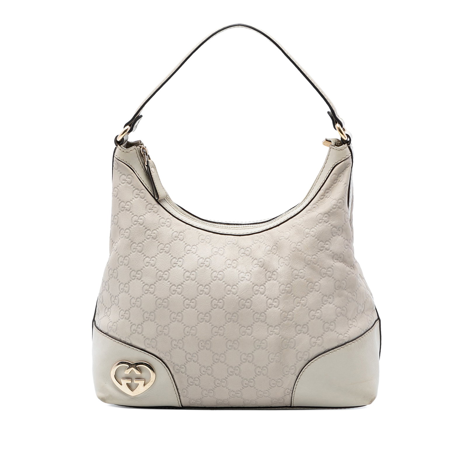 Gucci Guccissima Lovely Embossed Leather White Shoulder Bag Italy: Gucci Guccissima Lovely Embossed Leather White Shoulder Bag Italy This shoulder bag features embossed leather construction with a flat leather strap and a top zip closure. The interior includes a zip 