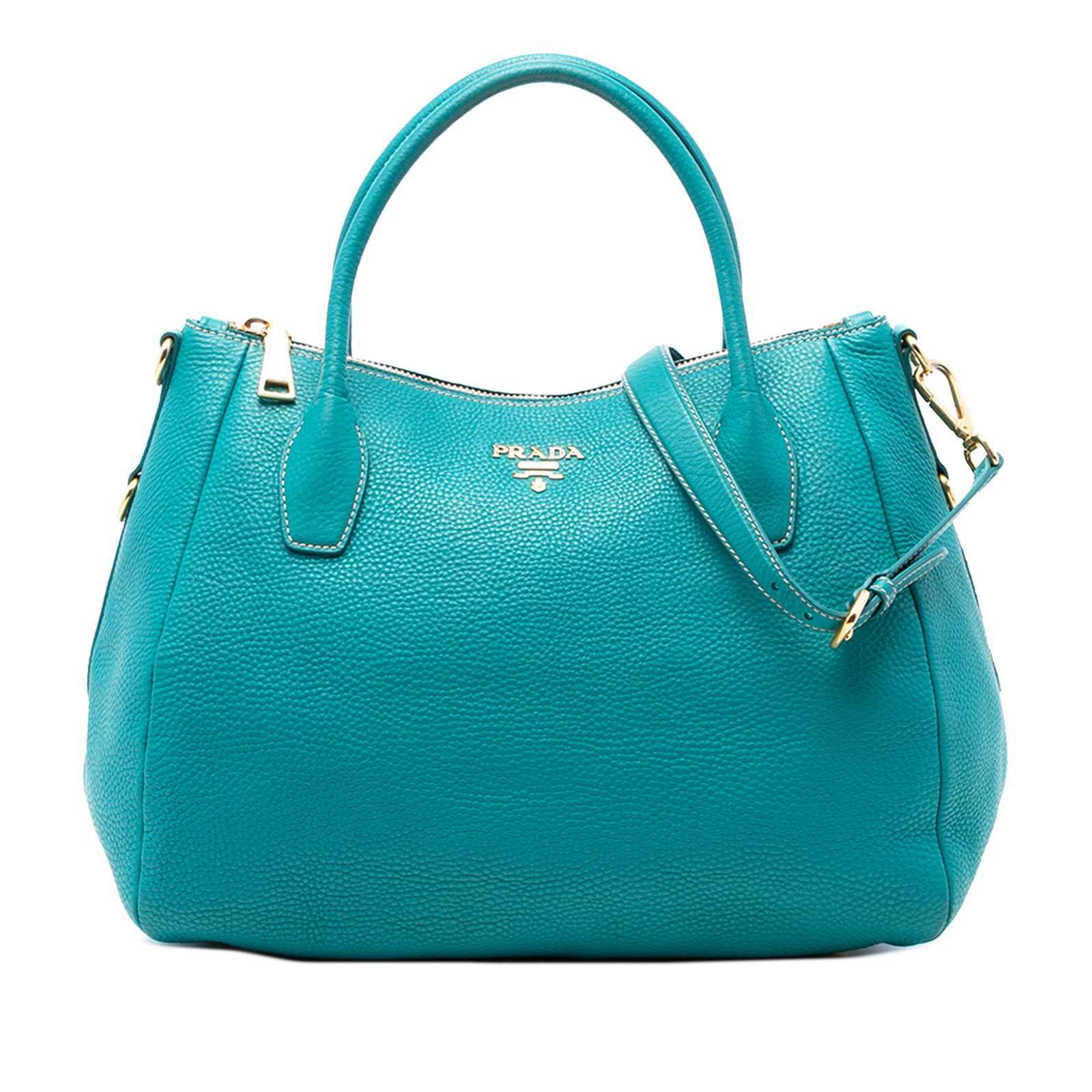 Prada Vitello Daino Blue Leather Satchel with Zip Closure and Strap (1 of 6)