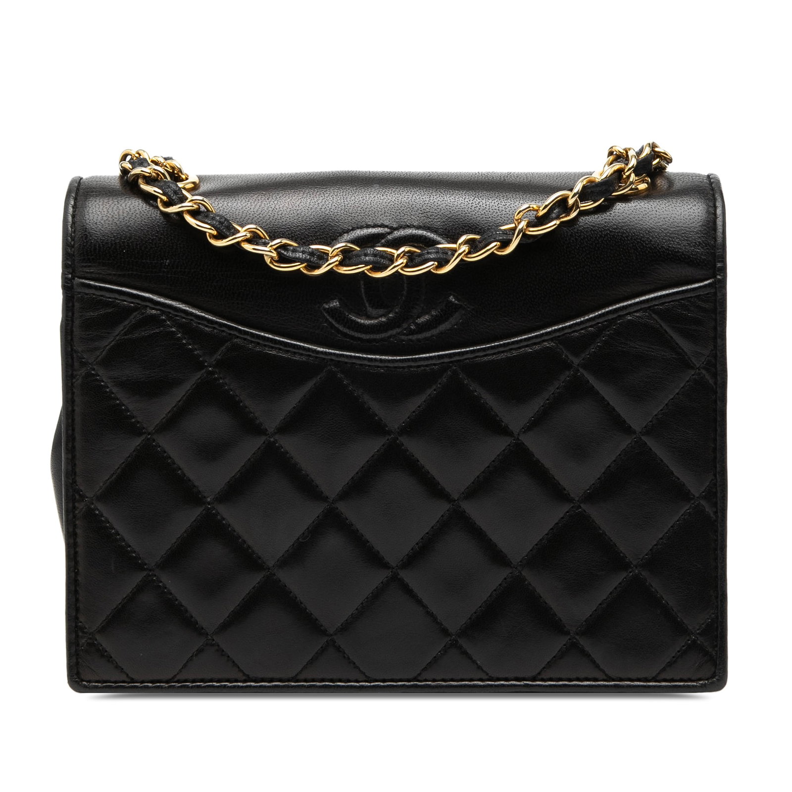 Chanel Black Quilted Lambskin Crossbody Bag with Flap and Chain Strap: Chanel Black Quilted Lambskin Crossbody Bag with Flap and Chain Strap This Chanel CC Quilted Lambskin Full Flap Crossbody features a luxurious black quilted lambskin leather body with a gold-tone leat