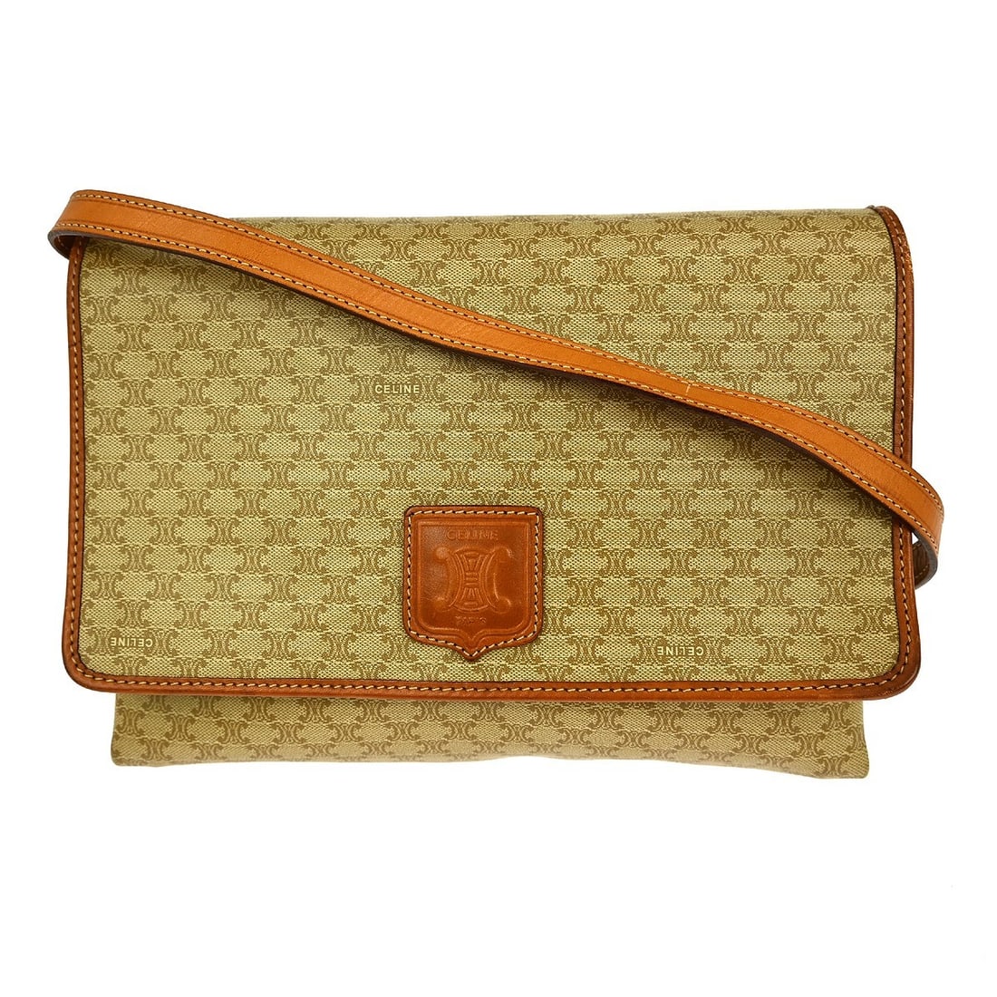 Celine Macadam Beige PVC and Leather Medium Shoulder Bag: Celine Macadam Beige PVC and Leather Medium Shoulder Bag This Celine Macadam shoulder bag features a beige PVC exterior with leather accents and the iconic logo detail. Designed in a medium size, it i