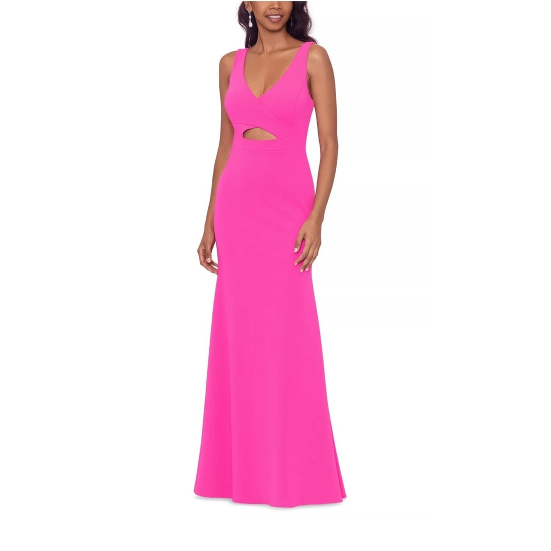 Betsy & Adam Pink V-Neck Cutout Scuba Crepe Gown Size 2: Betsy & Adam Pink V-Neck Cutout Scuba Crepe Gown Size 2 Elevate your formal wear collection with this stunning V-Neck Cutout-Detail Scuba Crepe Gown in a beautiful pink hue. This sleek and stretchy go