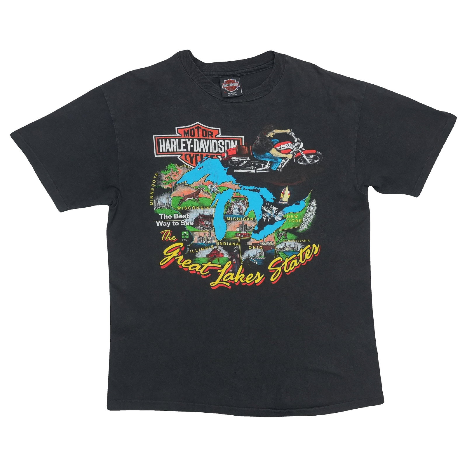Vintage 1990s Great Lakes Graphic Black Cotton Shirt Large: Vintage 1990s Great Lakes Graphic Black Cotton Shirt Large This is an original vintage Harley Davidson Great Lakes shirt from the 1990s. The shirt features both front and back graphics and is made fro
