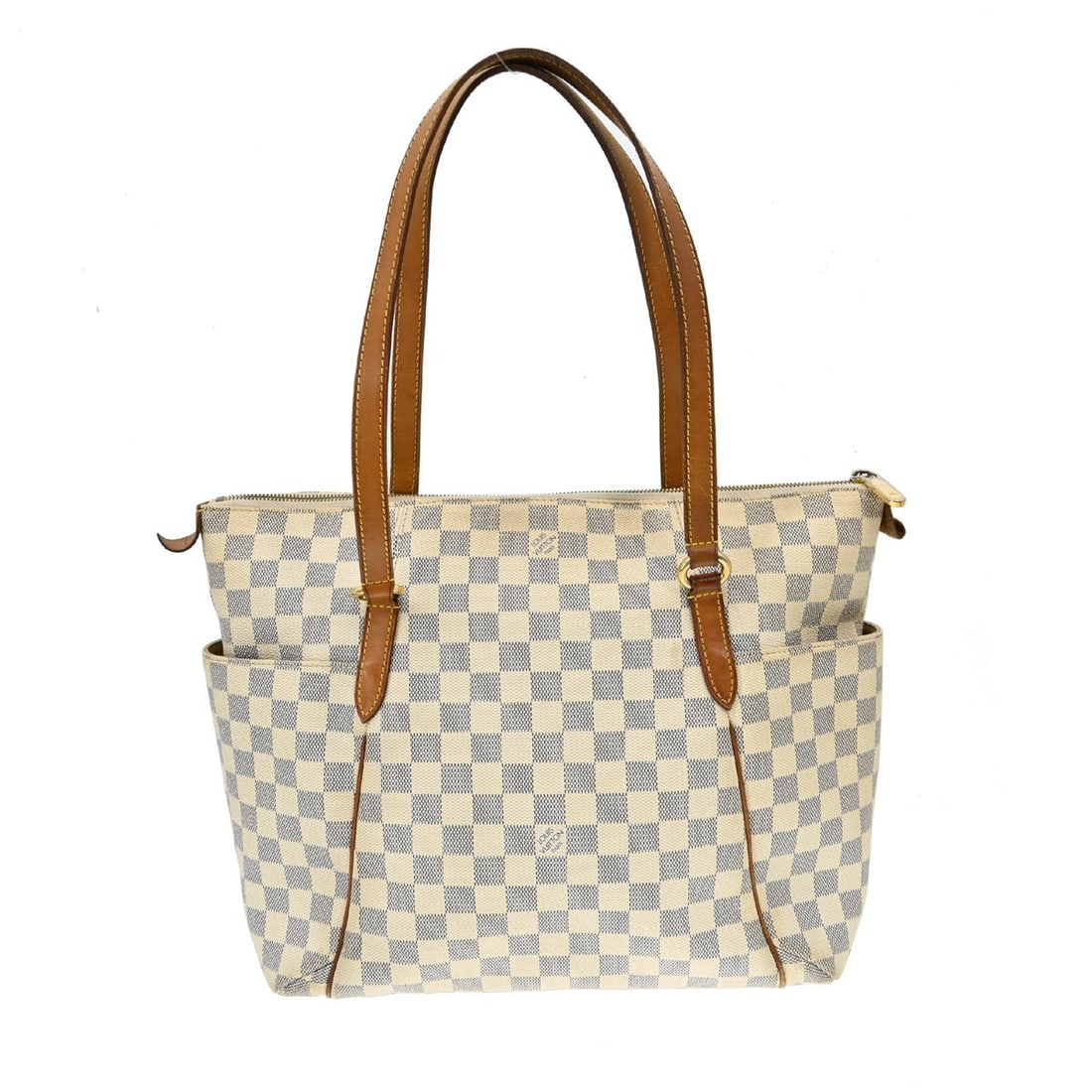 Louis Vuitton Totally MM Tote in Damier Azur Canvas N51262: Louis Vuitton Totally MM Tote in Damier Azur Canvas N51262 This Louis Vuitton Damier Azur Totally MM tote bag features the iconic Damier Azur canvas with leather accents and a beige canvas lining. The