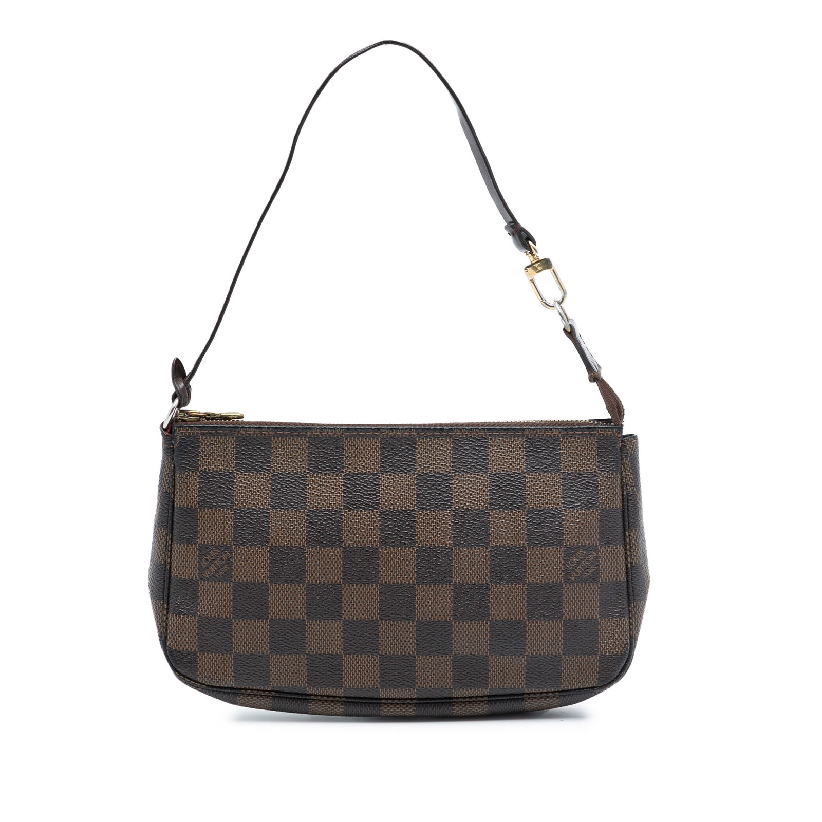 Damier Ebene Canvas Pochette Accessoires by Louis Vuitton with Leather Handle: Damier Ebene Canvas Pochette Accessoires by Louis Vuitton with Leather Handle This Louis Vuitton Damier Ebene Pochette Accessoires showcases the iconic damier ebene canvas body, complemented by a flat