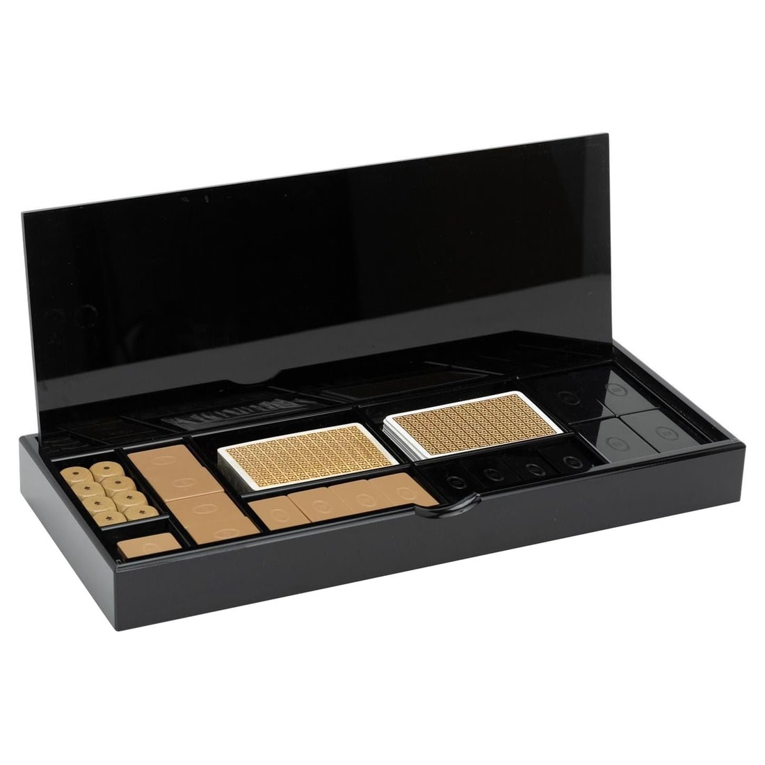 Fendi Vintage Black Lucite Poker Game Set with Logo: Fendi Vintage Black Lucite Poker Game Set with Logo Experience luxury gaming with this stunning Fendi Vintage Black Lucite Poker Set. This elegant collection includes a high-quality black lucite box, 