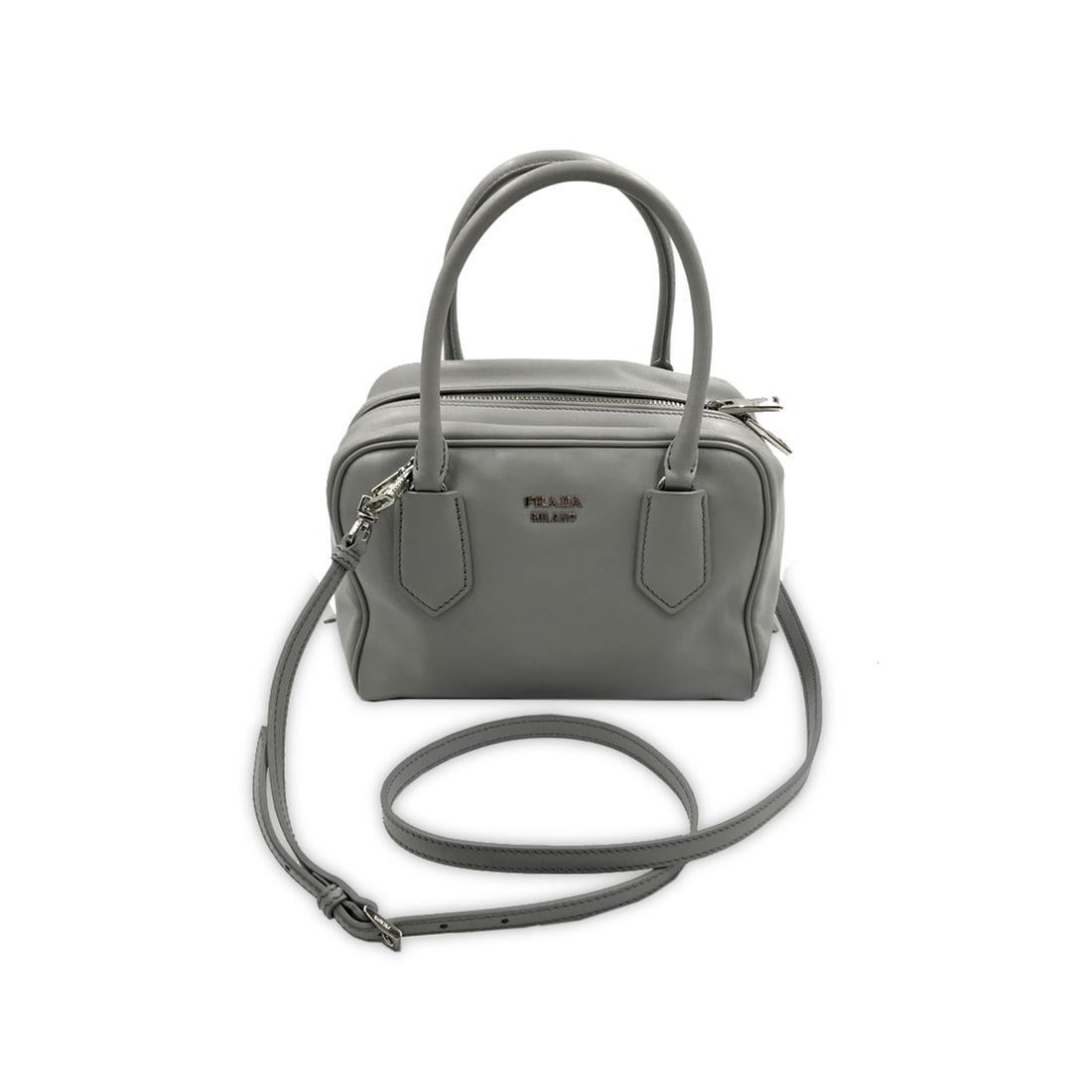 Prada Granite Gray Calf Leather Bauletto Handbag with Dust Bag: Prada Granite Gray Calf Leather Bauletto Handbag with Dust Bag This exquisite Prada handbag showcases a stunning granite gray calf leather exterior, complemented by a light gray and pistachio interior