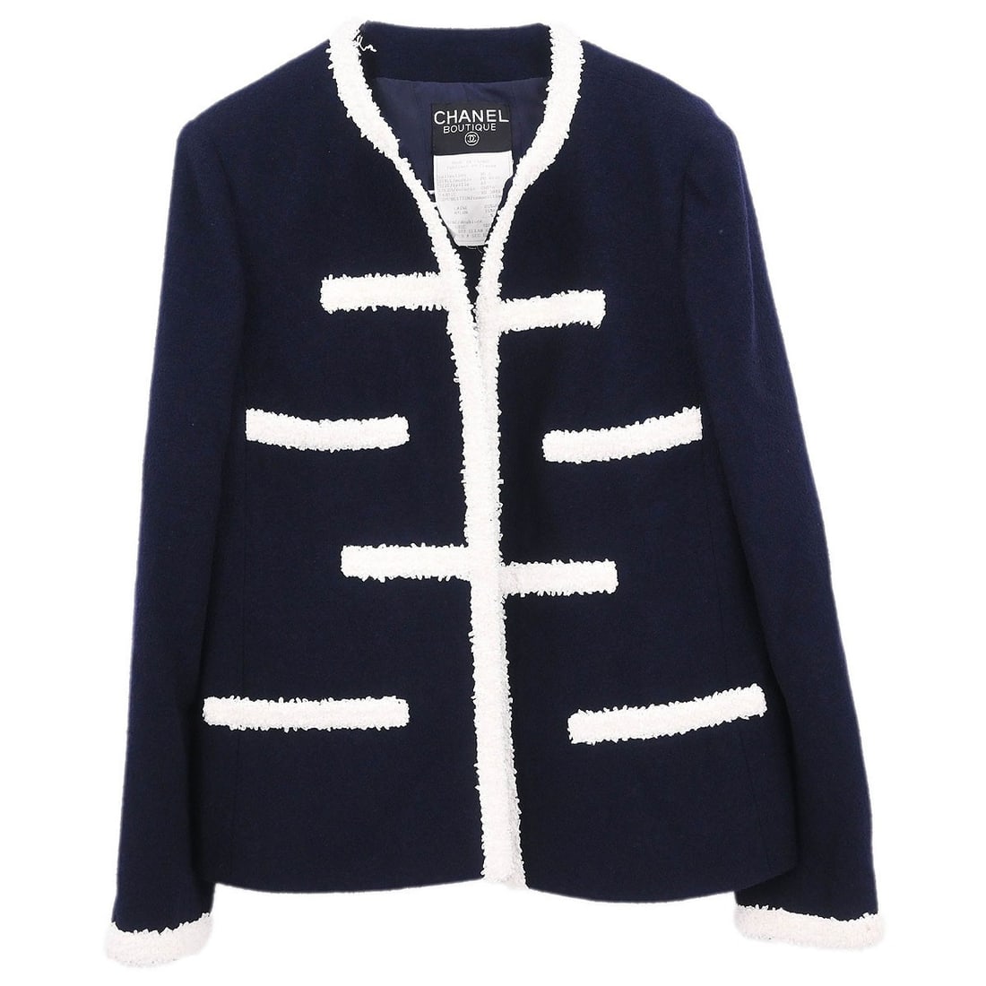 Chanel Vintage Collarless Navy Jacket 95C Size 44: Chanel Vintage Collarless Navy Jacket 95C Size 44 Elevate your wardrobe with this vintage Chanel Collarless Jacket in a sophisticated navy hue. Crafted in France, this short jacket is designed for a c