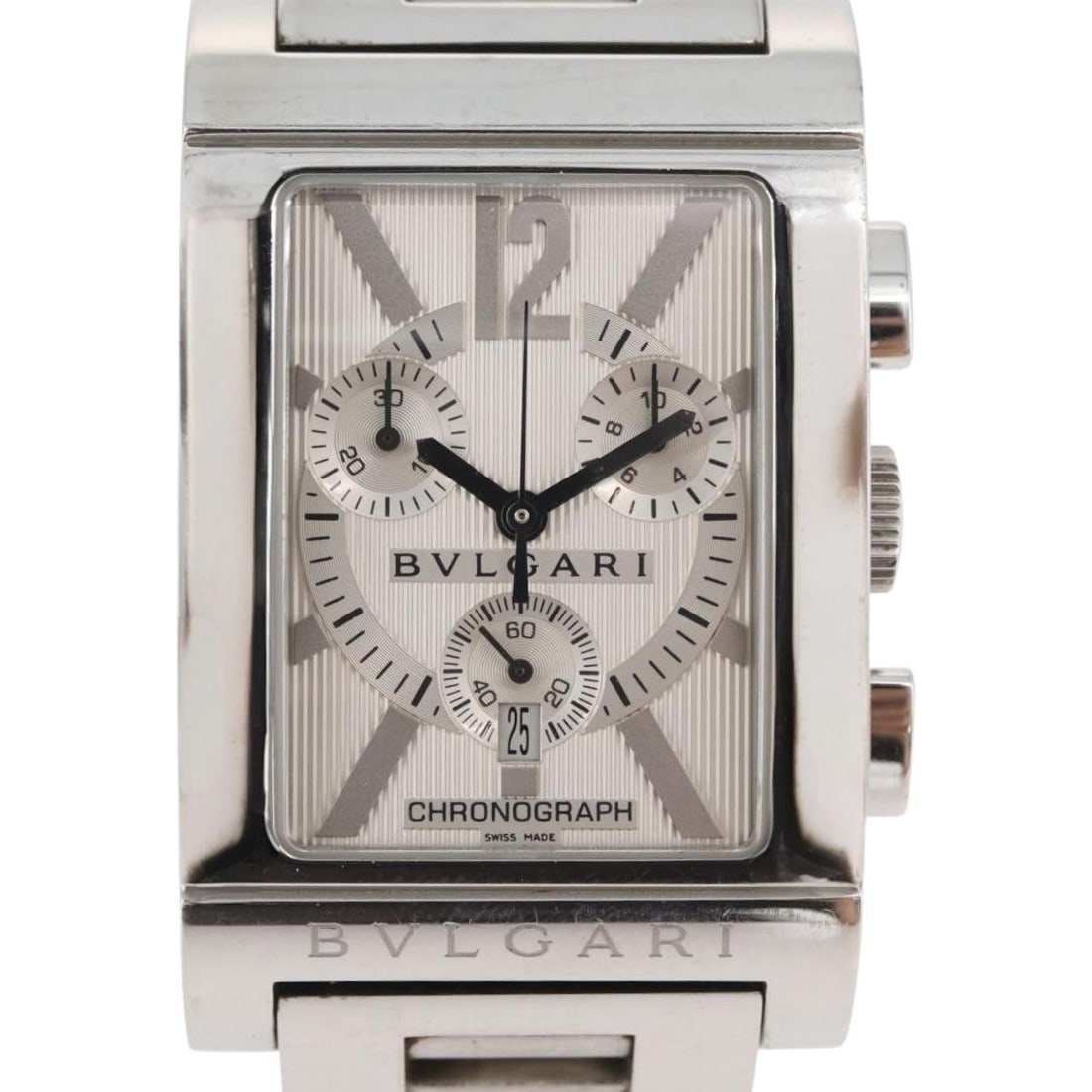 Women's Stainless Steel Silver Wristwatch by BVLGARI Swiss Made: Women's Stainless Steel Silver Wristwatch by BVLGARI Swiss Made This BVLGARI women's wristwatch features a stainless steel case and a silver-tone finish. Made in Switzerland, the watch offers a sleek 