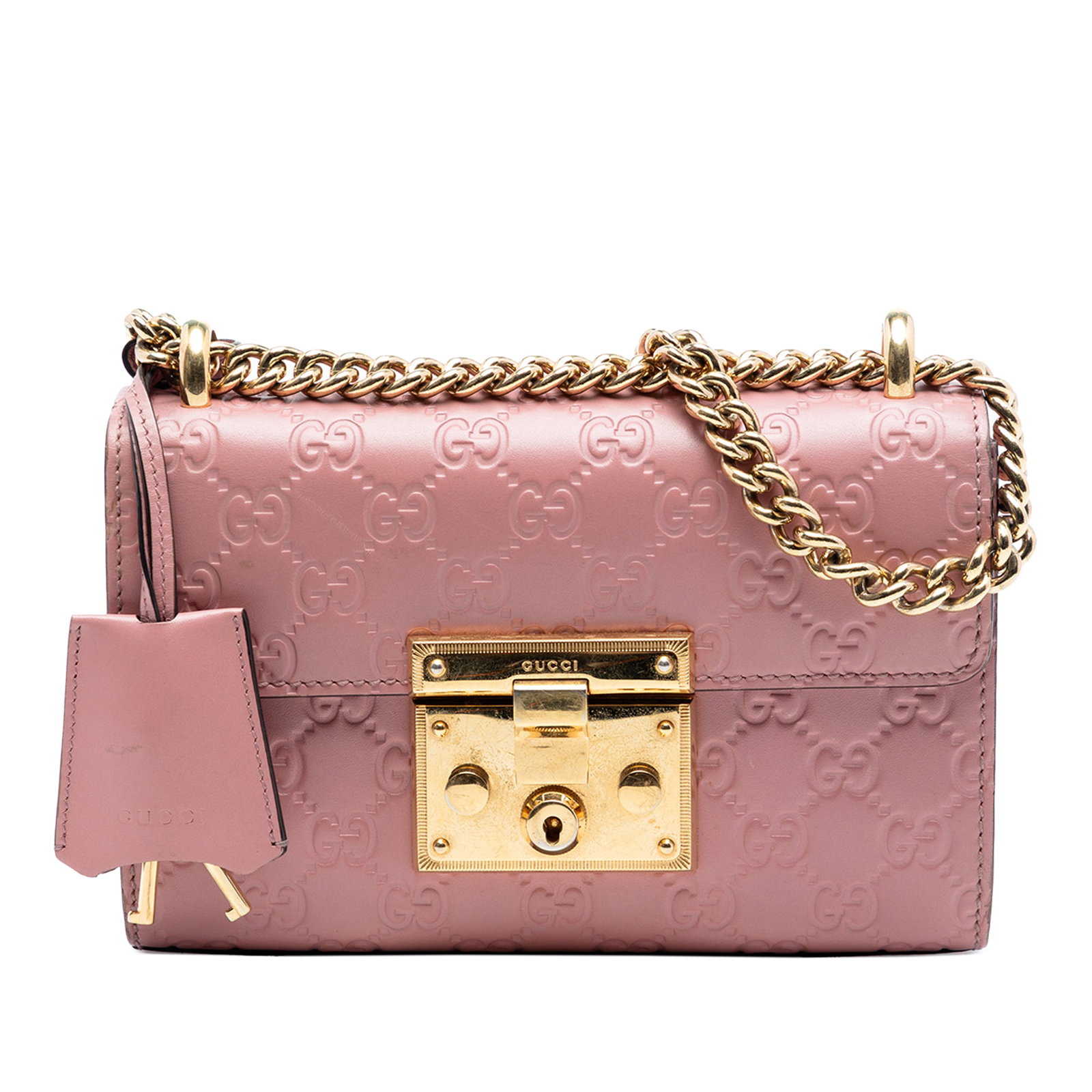 Gucci Padlock Pink Leather Crossbody with Gold Chain Strap: Gucci Padlock Pink Leather Crossbody with Gold Chain Strap This Gucci Small Guccissima Padlock crossbody bag showcases an embossed leather exterior in pink, highlighted by gold-tone chain straps and a