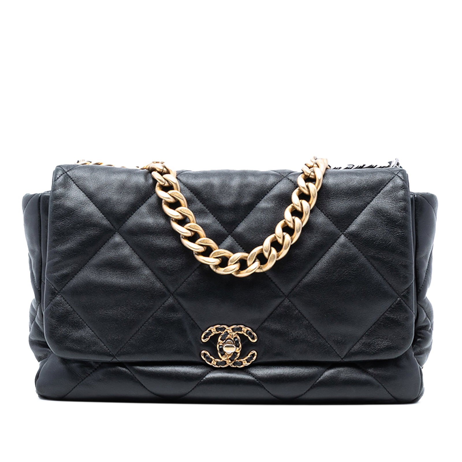 Chanel 19 Maxi Quilted Lambskin Flap Bag with Gold Chain Handle: Chanel 19 Maxi Quilted Lambskin Flap Bag with Gold Chain Handle This Chanel Maxi Lambskin 19 Flap bag features a quilted lambskin leather body in black, complemented by a gold-tone chain handle and a 