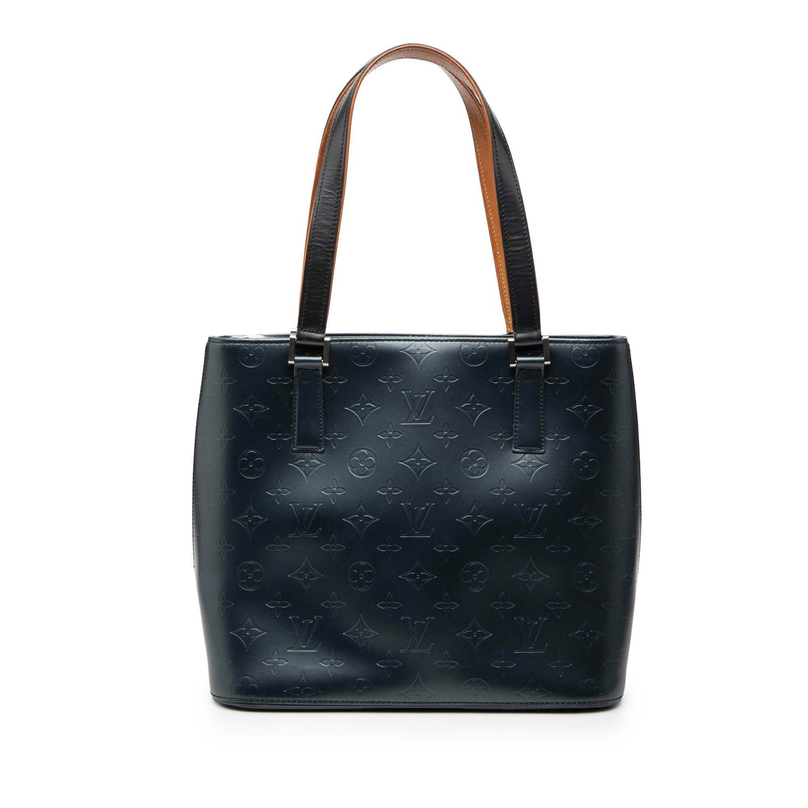Louis Vuitton Monogram Mat Stockton Blue Leather Tote Bag: Louis Vuitton Monogram Mat Stockton Blue Leather Tote Bag This Louis Vuitton Monogram Mat Stockton bag features a monogram mat leather body in blue with flat handles, a top zip closure, and an interio