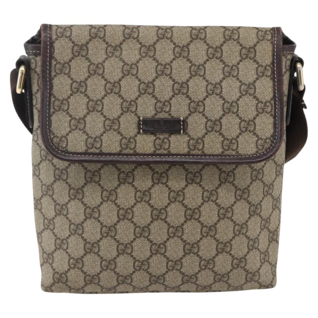 Flap Messenger Bag Beige GG Canvas by Gucci: Flap Messenger Bag Beige GG Canvas by Gucci This Gucci Flap Messenger bag features the iconic GG coated canvas in beige, designed for unisex use. It offers a practical flap closure and a comfortable s