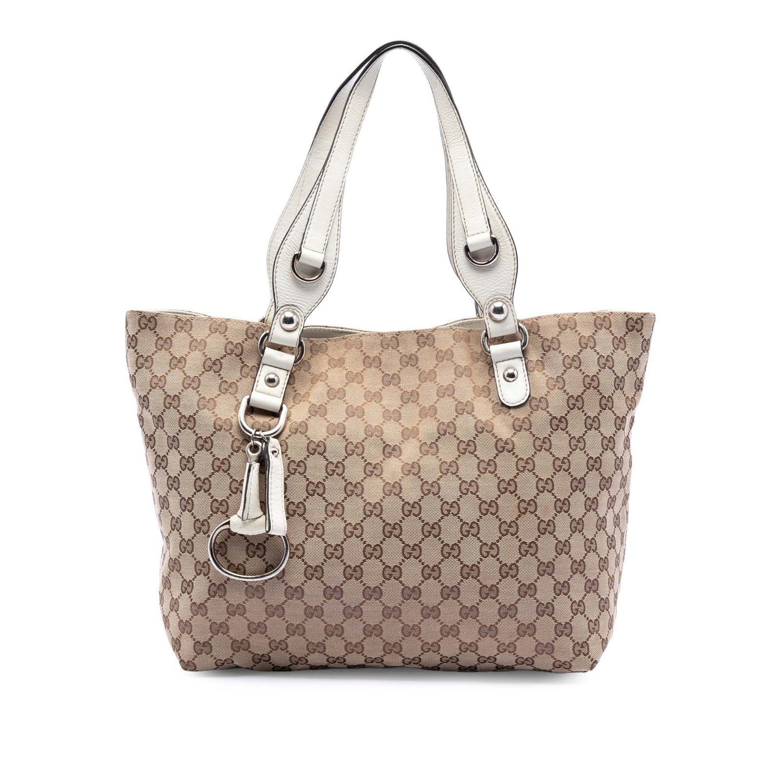 Gucci GG Canvas Medium Icon Bit Brown Tote Bag with Leather Trim: Gucci GG Canvas Medium Icon Bit Brown Tote Bag with Leather Trim This Gucci Medium GG Canvas Icon Bit Tote features a brown canvas body with leather trim, flat leather straps, an open top with a magne