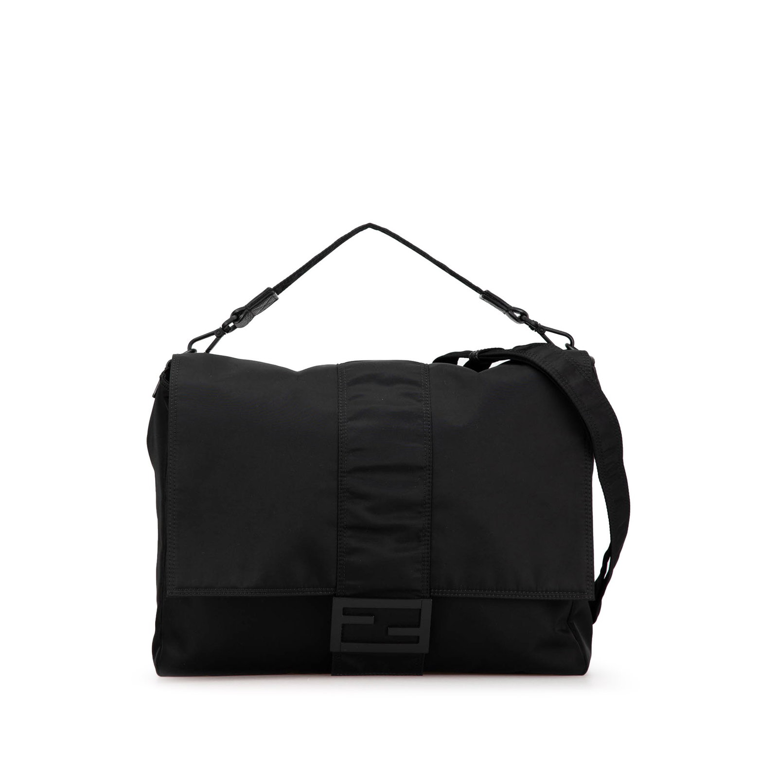 Fendi Black Nylon Shoulder Messenger with Adjustable Strap: Fendi Black Nylon Shoulder Messenger with Adjustable Strap This Fendi Nylon Baguette Messenger Bag features a durable nylon body in black, complemented by a flat top handle and an adjustable flat shou