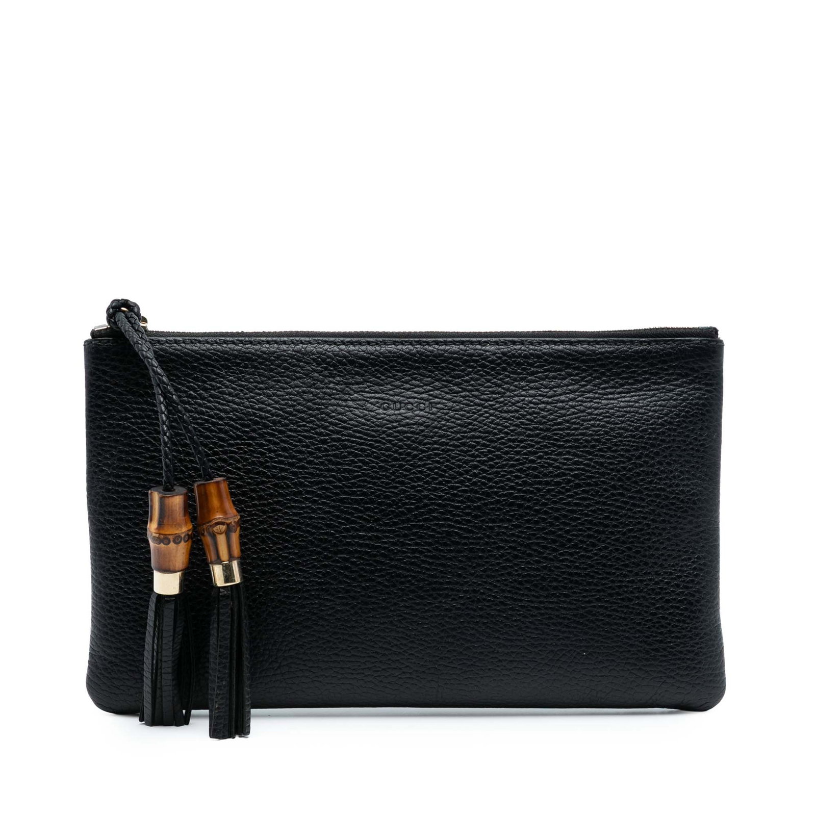 Gucci Bamboo Leather Clutch Bag with Tassel Accent: Gucci Bamboo Leather Clutch Bag with Tassel Accent This Gucci Calfskin Bamboo Clutch features a black leather body with a top zip closure accented by bamboo and tassel details. The interior is equippe