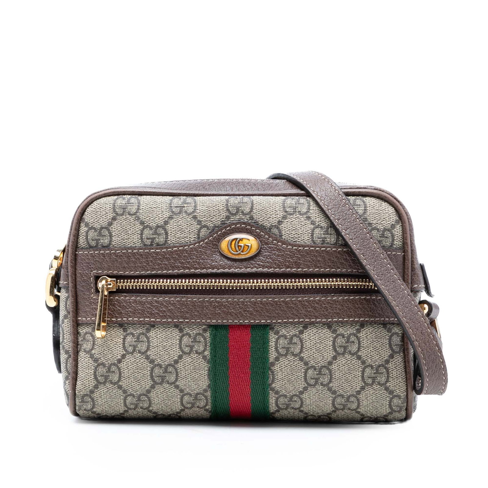 Mini Ophidia GG Supreme Beige Canvas Crossbody Bag by Gucci: Mini Ophidia GG Supreme Beige Canvas Crossbody Bag by Gucci This Gucci Mini GG Supreme Web Ophidia Crossbody Bag features a coated canvas exterior with leather trim, a flat leather strap, a top zip cl