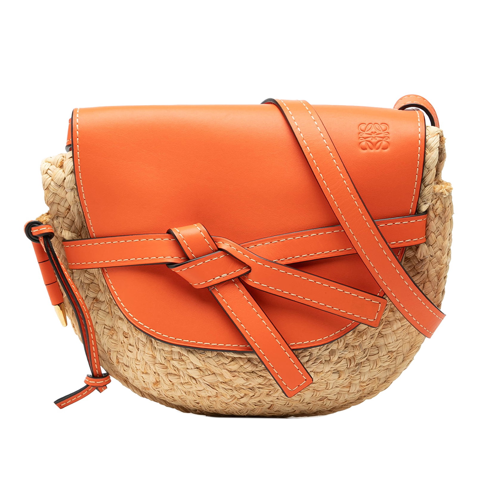LOEWE Gate Medium Raffia Crossbody Bag with Leather Trim: LOEWE Gate Medium Raffia Crossbody Bag with Leather Trim This LOEWE Medium Raffia Gate Crossbody bag features a raffia body with leather trim, a flat leather shoulder strap, a front flap secured by a 