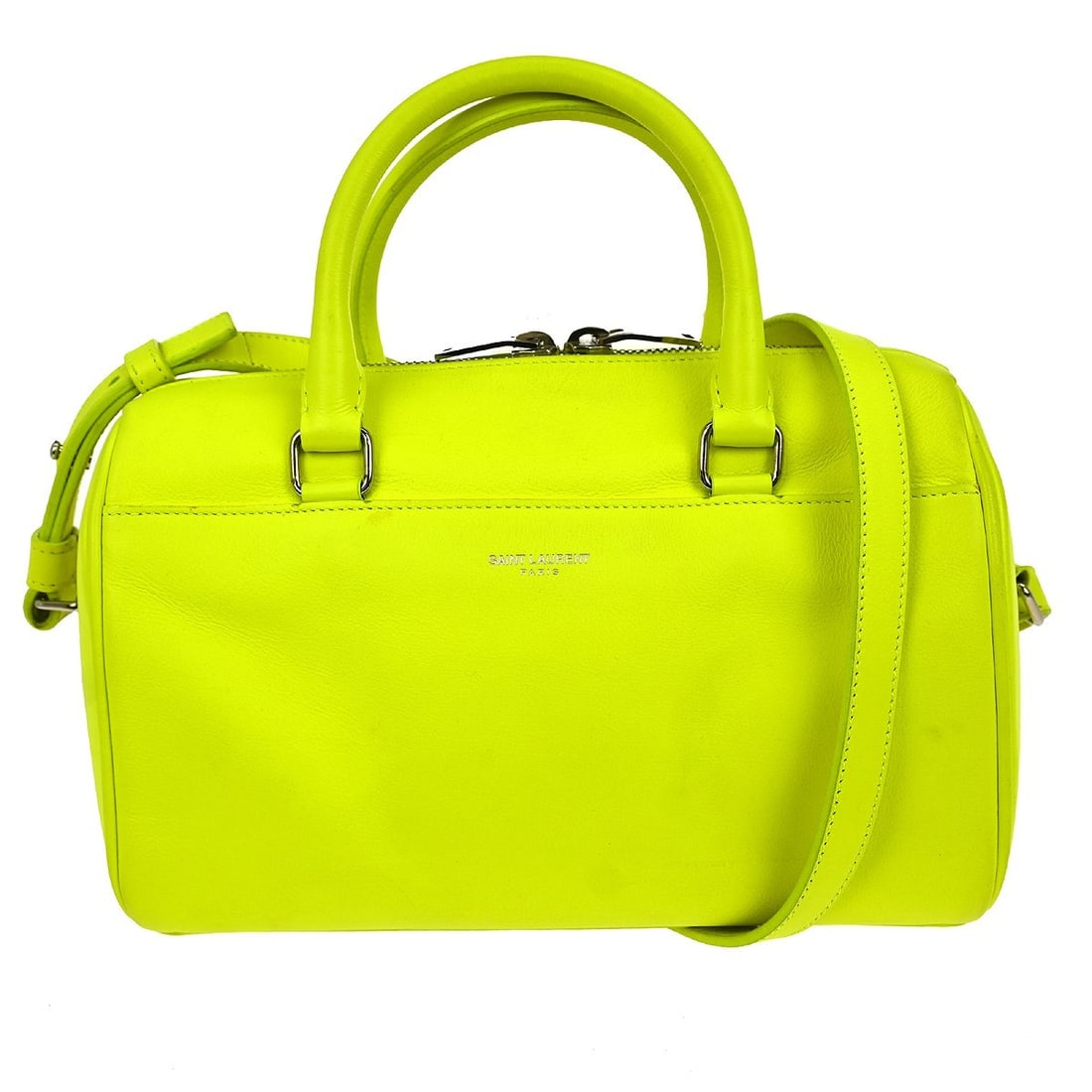 Classic Baby 2way Duffle Bag in Lime Yellow Leather by Saint Laurent: Classic Baby 2way Duffle Bag in Lime Yellow Leather by Saint Laurent This Saint Laurent Classic Baby 2way Duffle Bag features a lime yellow leather exterior with double handles and a zip closure. The 