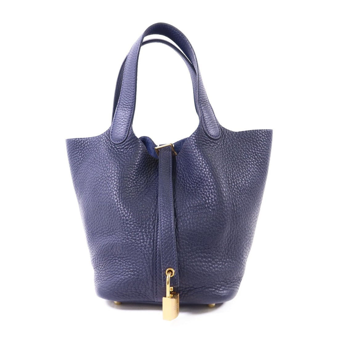 Hermes Picotin PM Navy Clemence Leather Handbag with Gold Hardware: Hermes Picotin PM Navy Clemence Leather Handbag with Gold Hardware This Hermes Picotin PM handbag is crafted from Clemence calfskin leather in a deep navy hue. It features gold tone hardware and a str